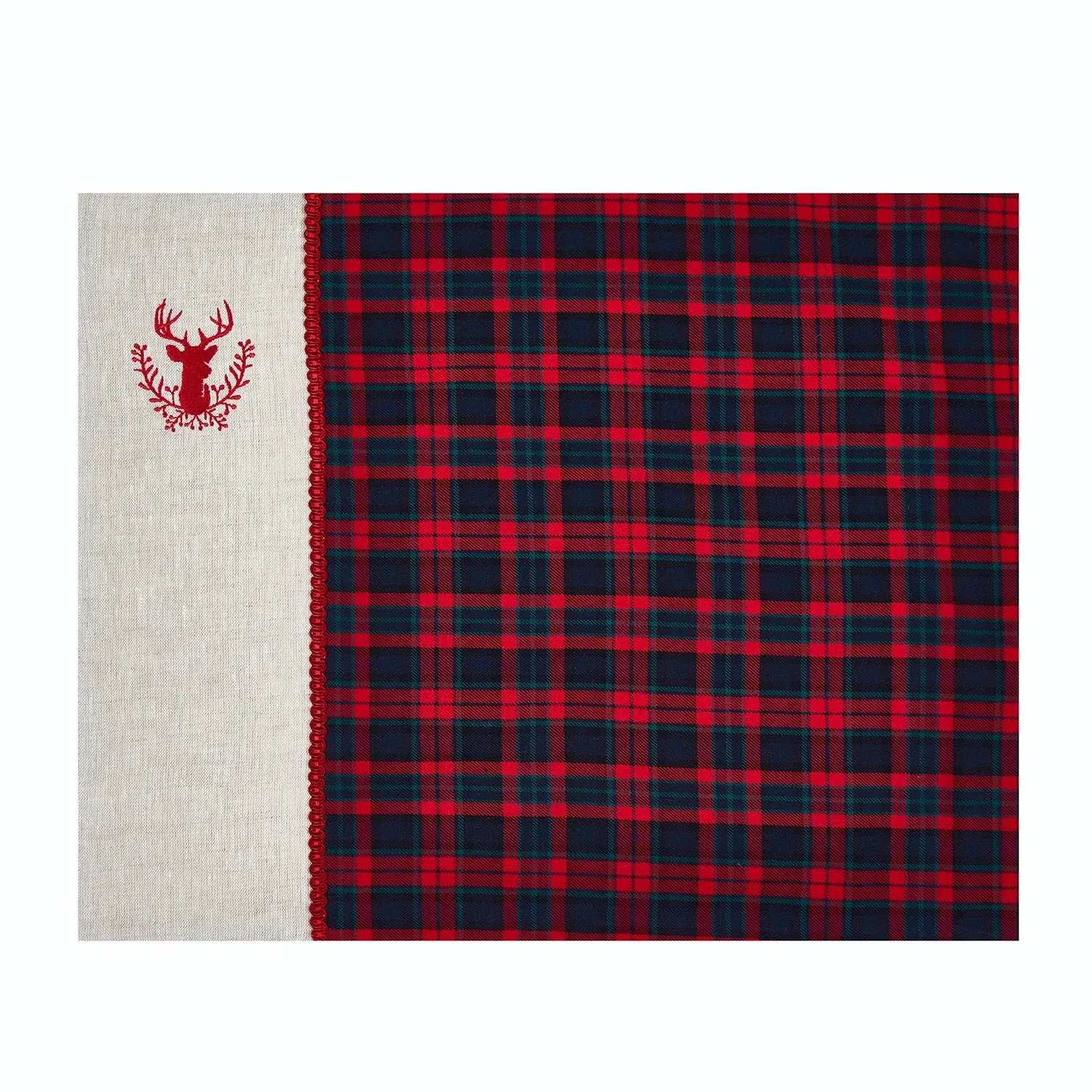 Deer Embroidery Tartan Placemat Set of 2 - Red, Linen