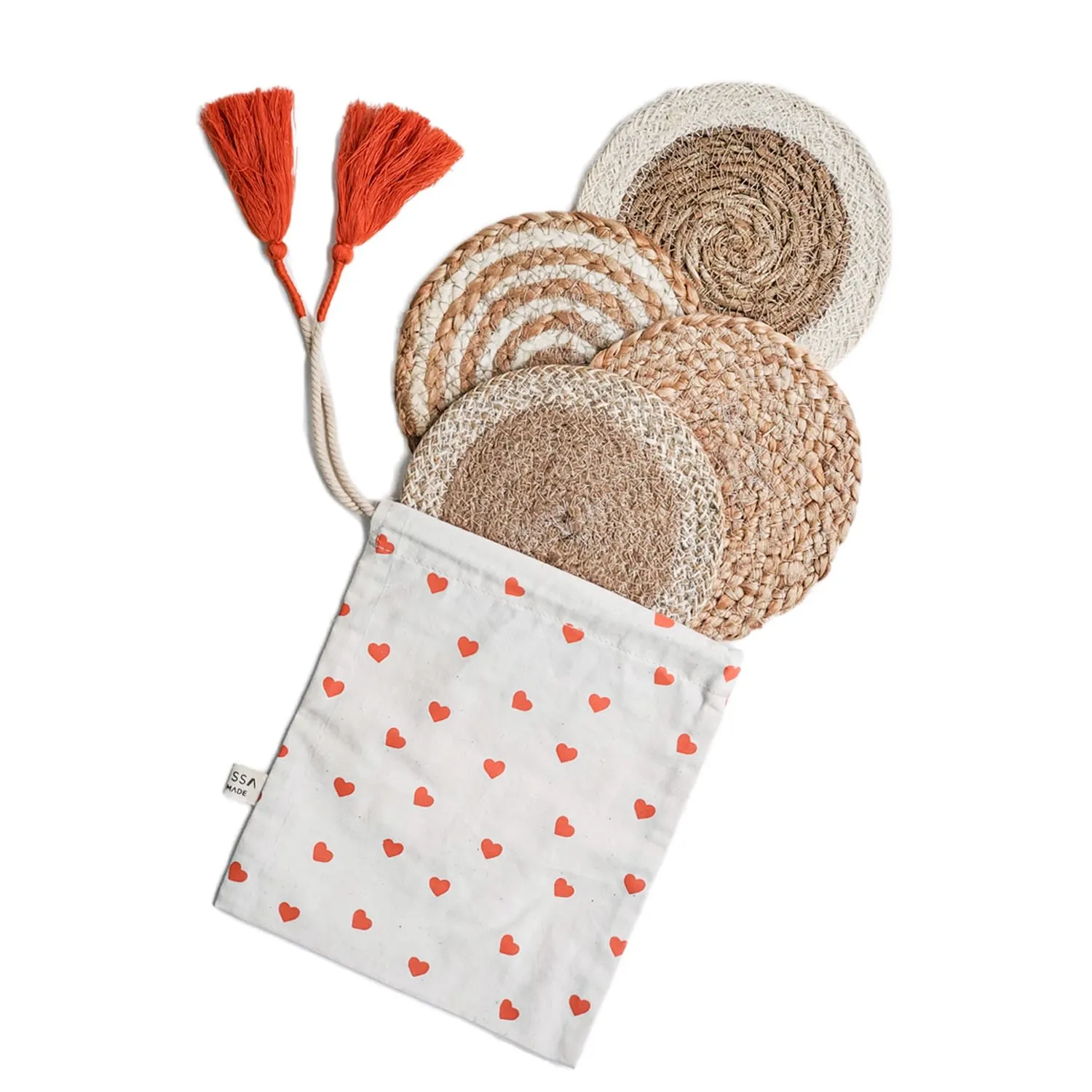 Coaster Trivet Gift Set with Heart Pouch - Natural, Jute