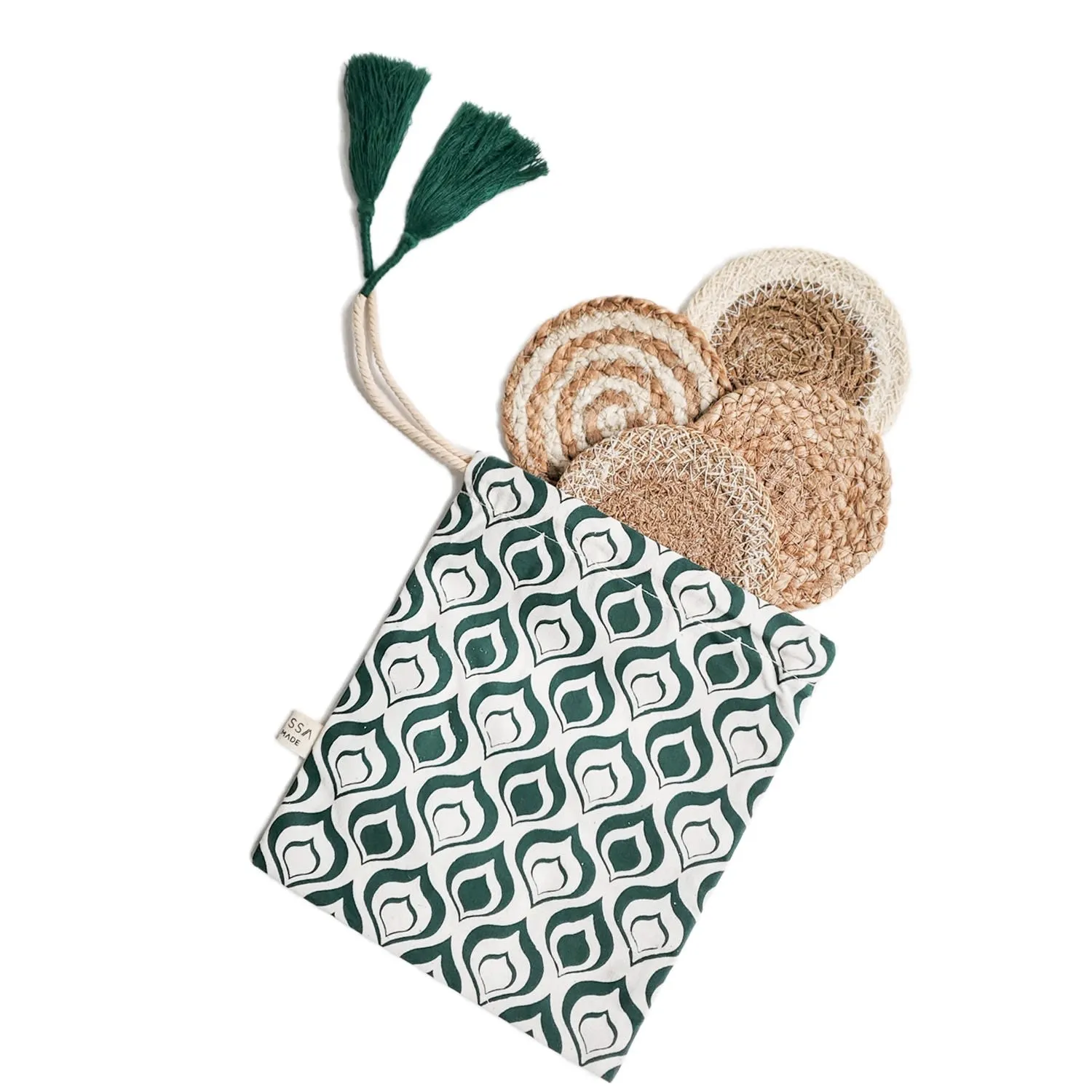 Drink Coaster Gift Set with Green Pouch - Natural, Jute image