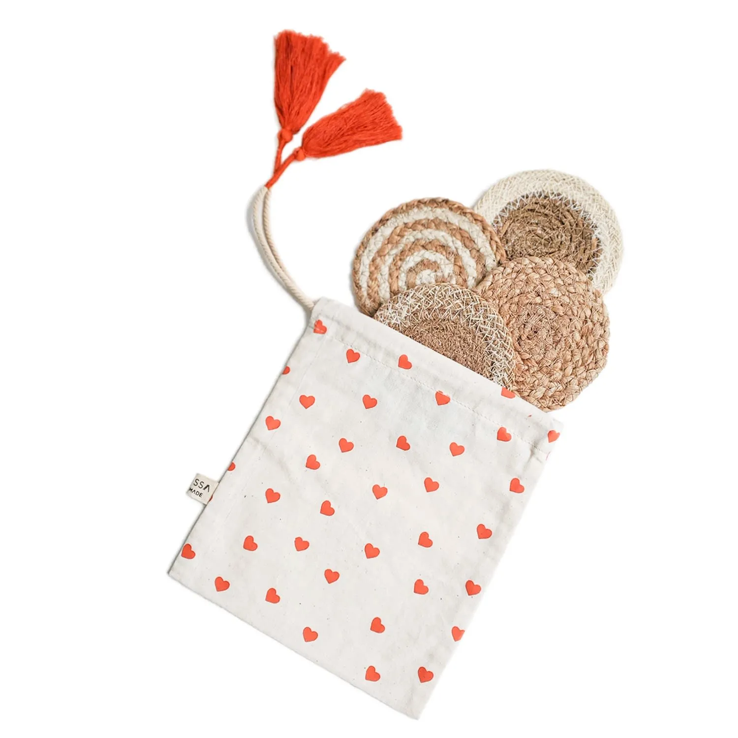 Drink Coaster Gift Set with Heart Pouch - Natural, Jute