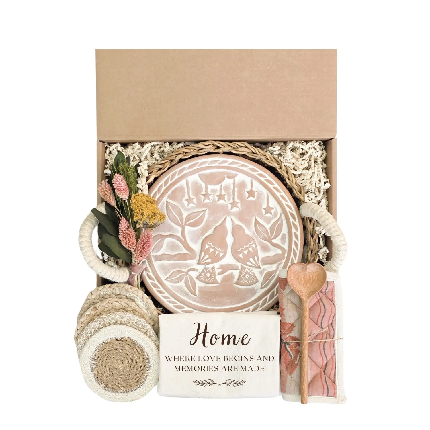 Lovebirds Round Bread Warmer Gift Box with Wooden Board - Brown, Terracotta image