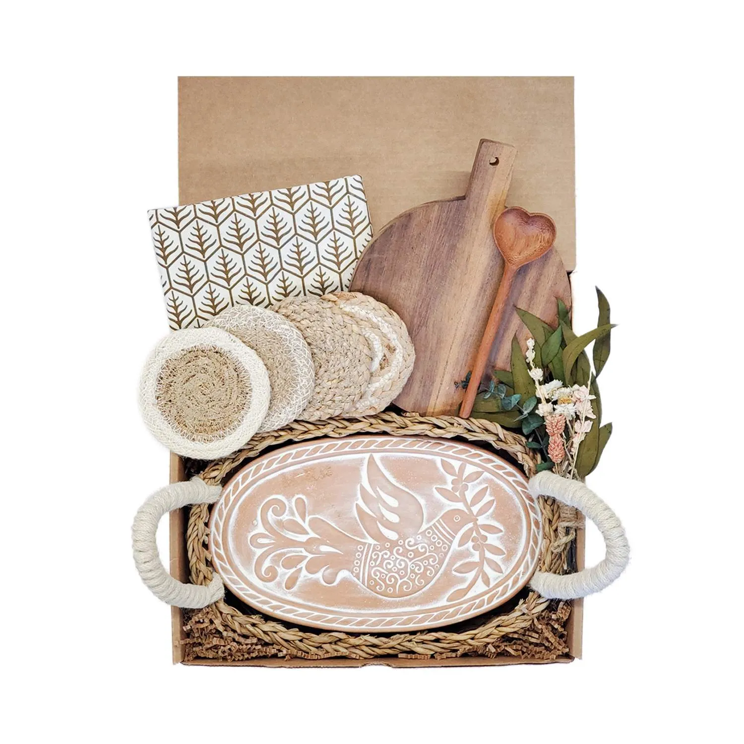 Oval Bread Warmer Gift Box with Round Wooden Board - Brown, Terracotta