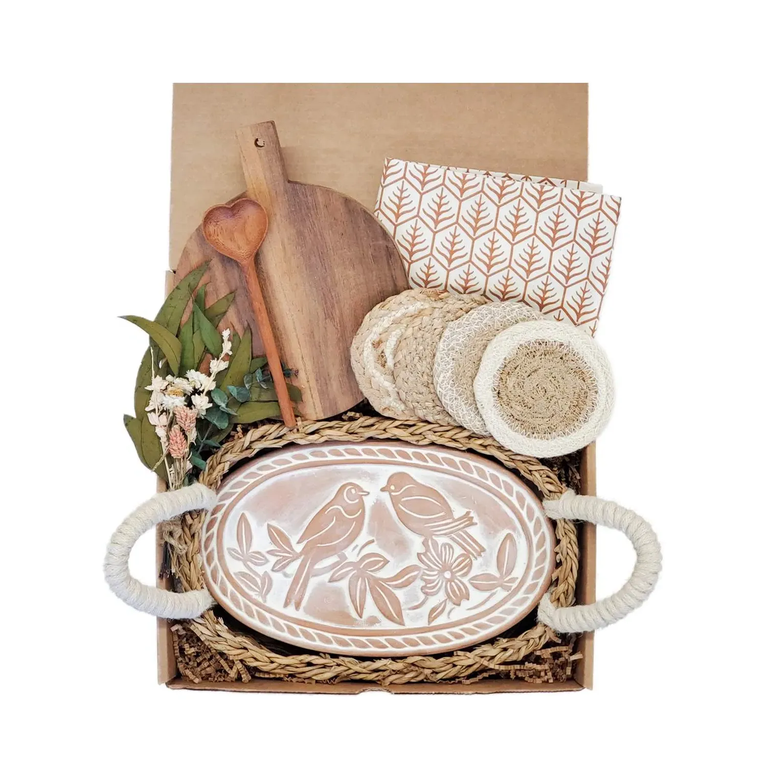 Oval Bread Warmer Gift Box with Wooden Board - Brown, Terracotta