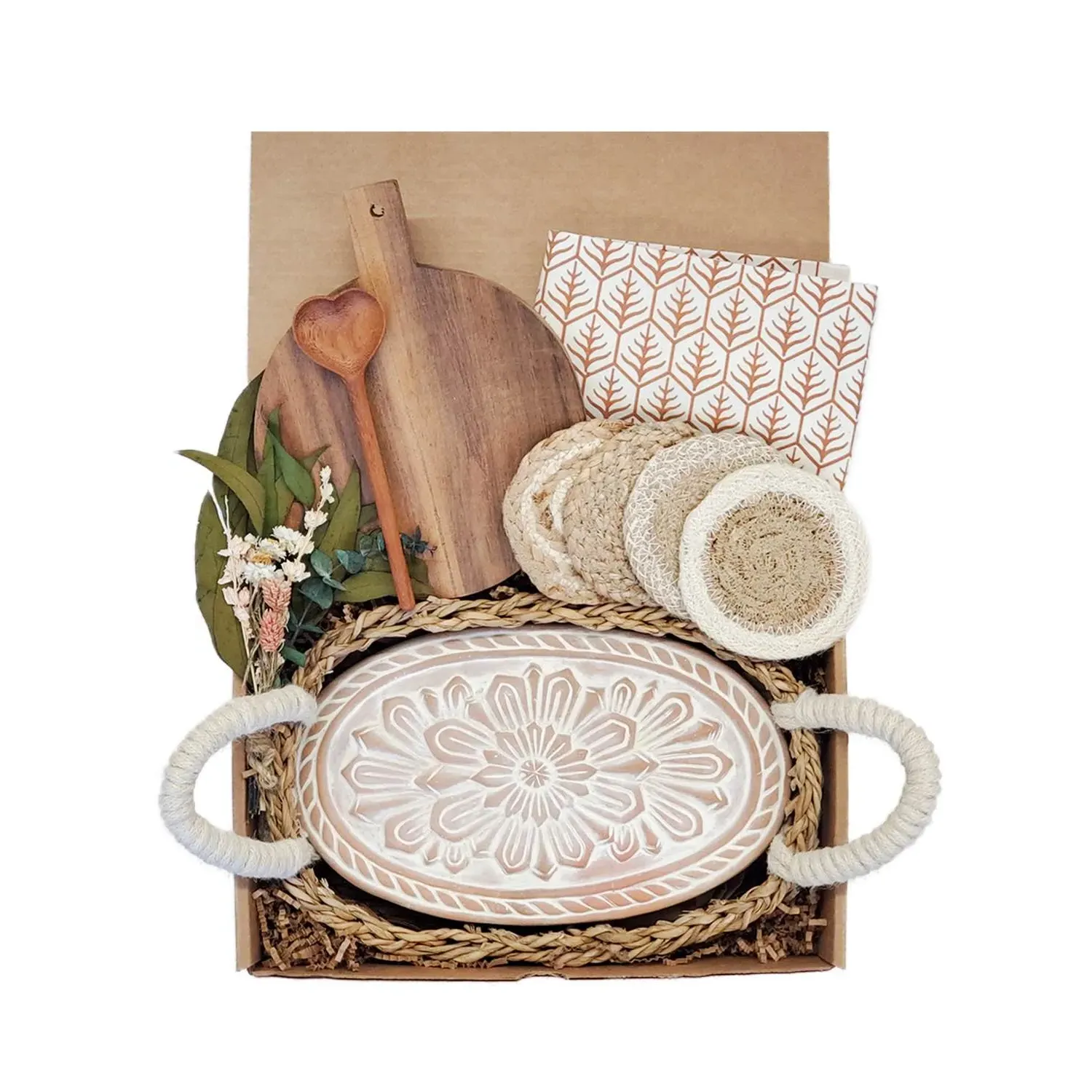 Oval Bread Warmer Gift Box with Wooden Board - Brown, Terracotta