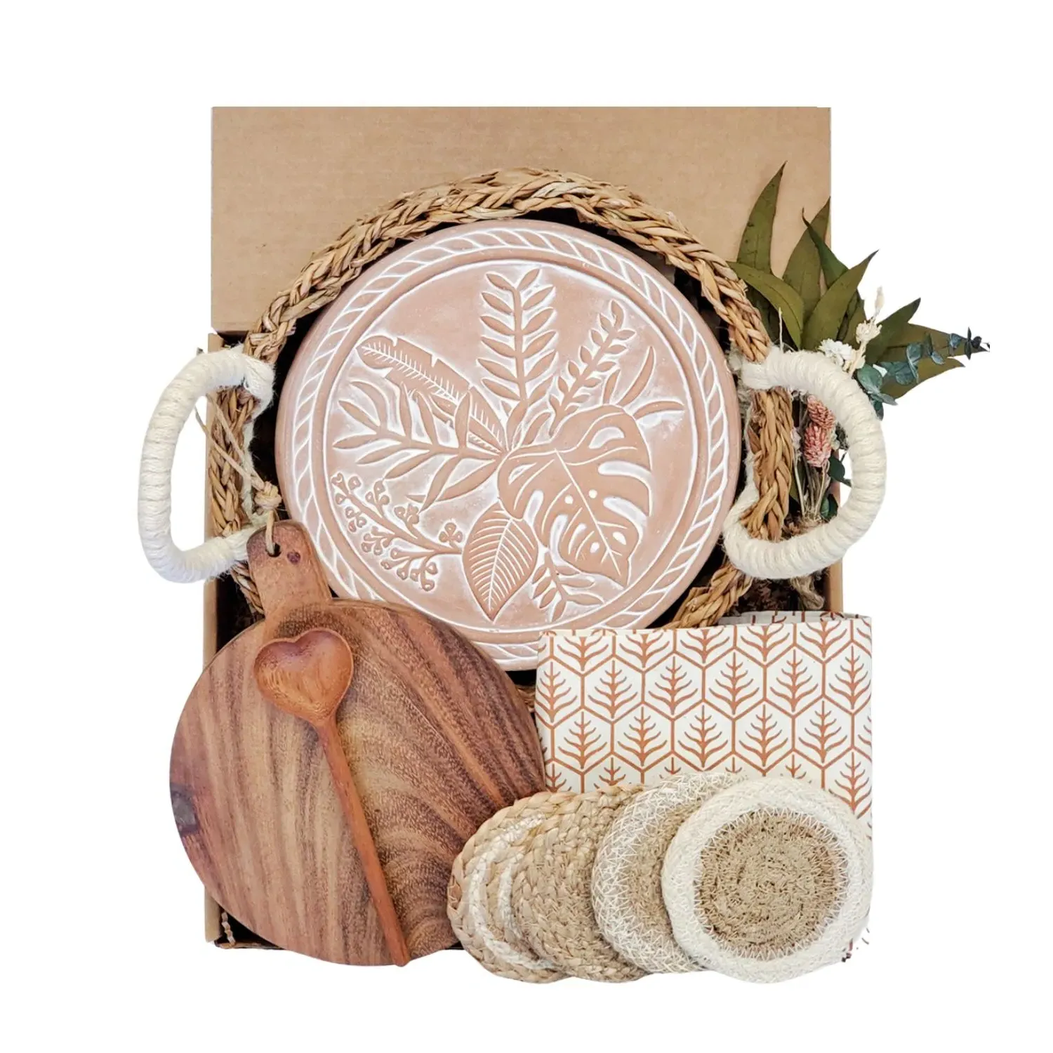 Round Bread Warmer Gift Box with Wooden Board - Brown, Terracotta