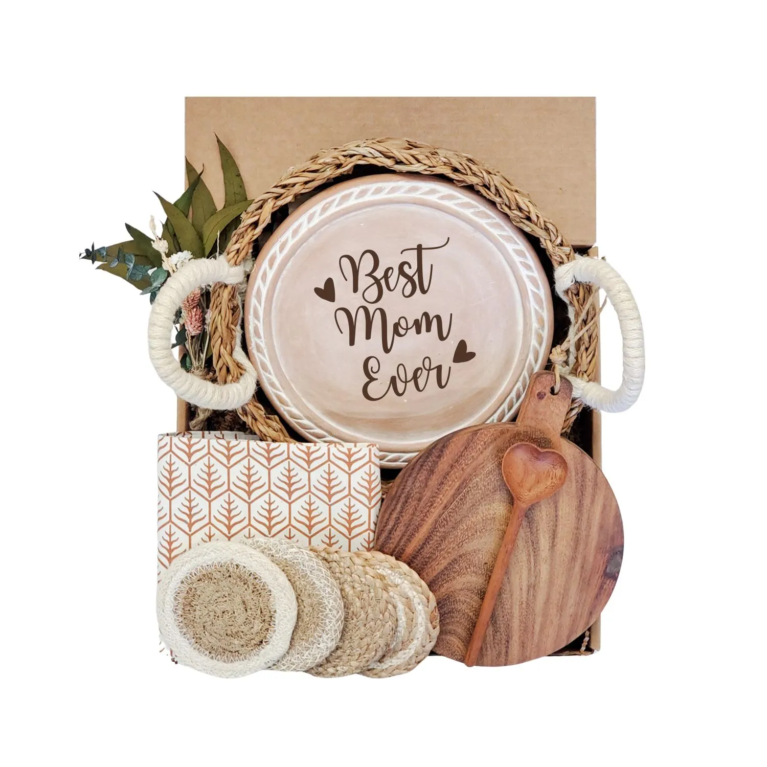 Round Bread Warmer Gift Box with Wooden Board - Brown, Terracotta