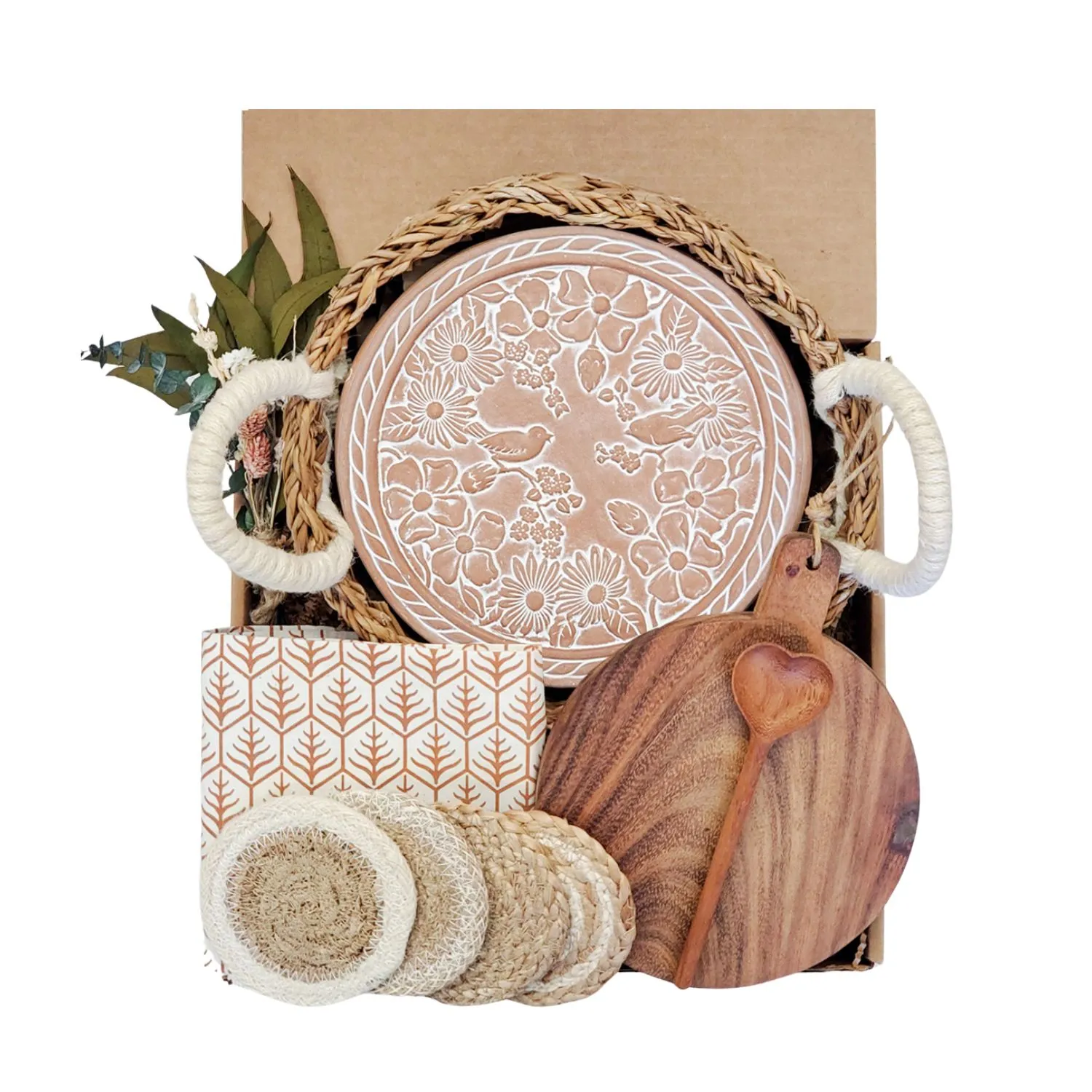 Round Bread Warmer Gift Box with Wooden Board - Brown, Terracotta