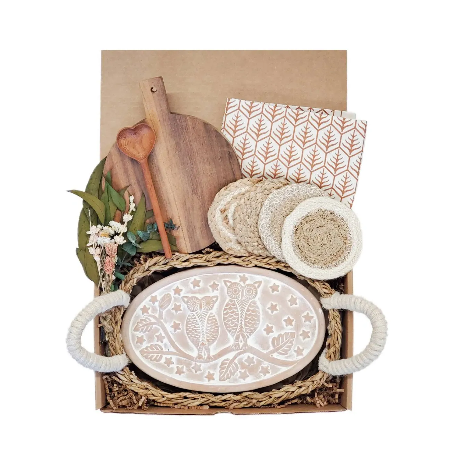 Round Bread Warmer Gift Box with Wooden Board - Brown, Terracotta