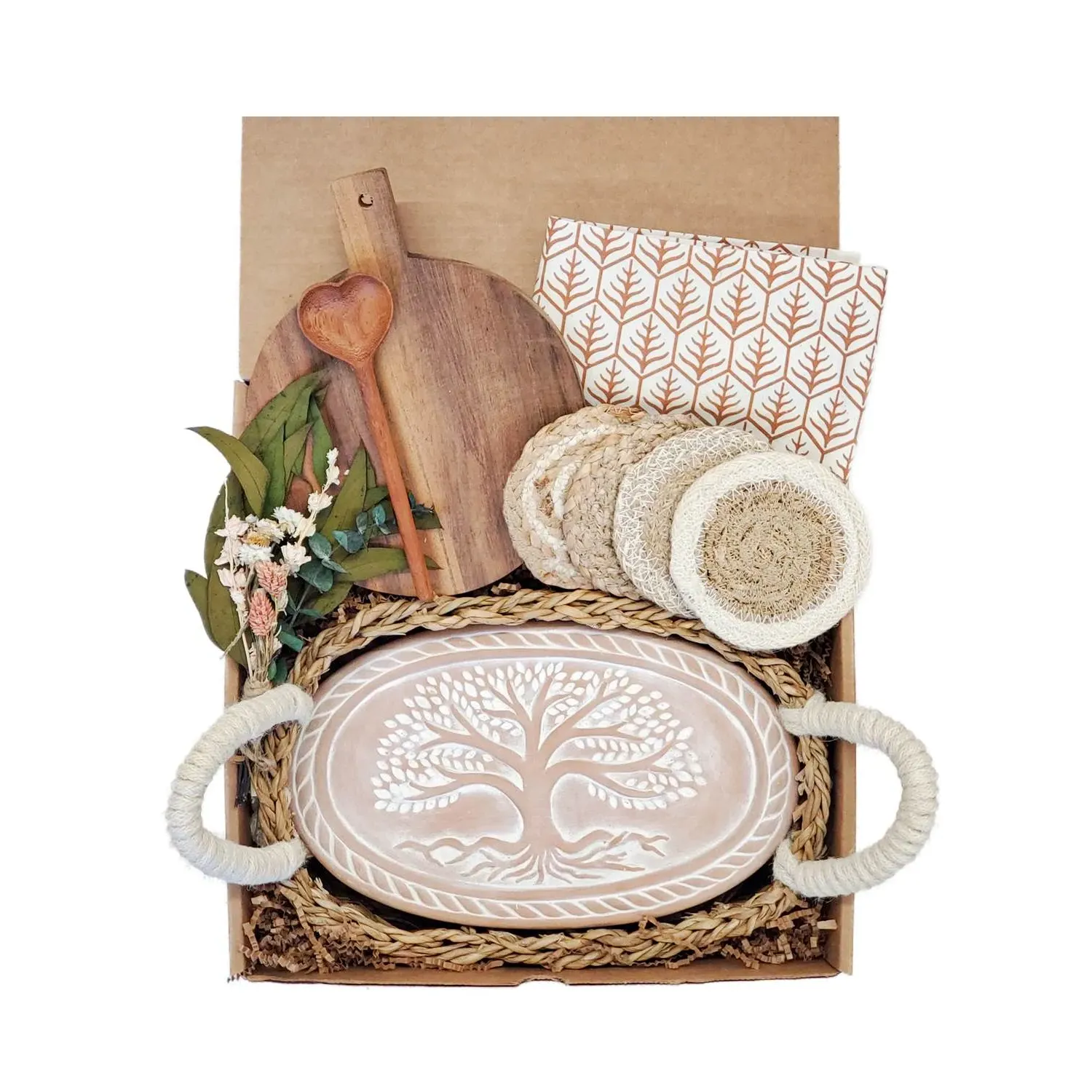 Round Bread Warmer Gift Box with Wooden Board - Brown, Terracotta