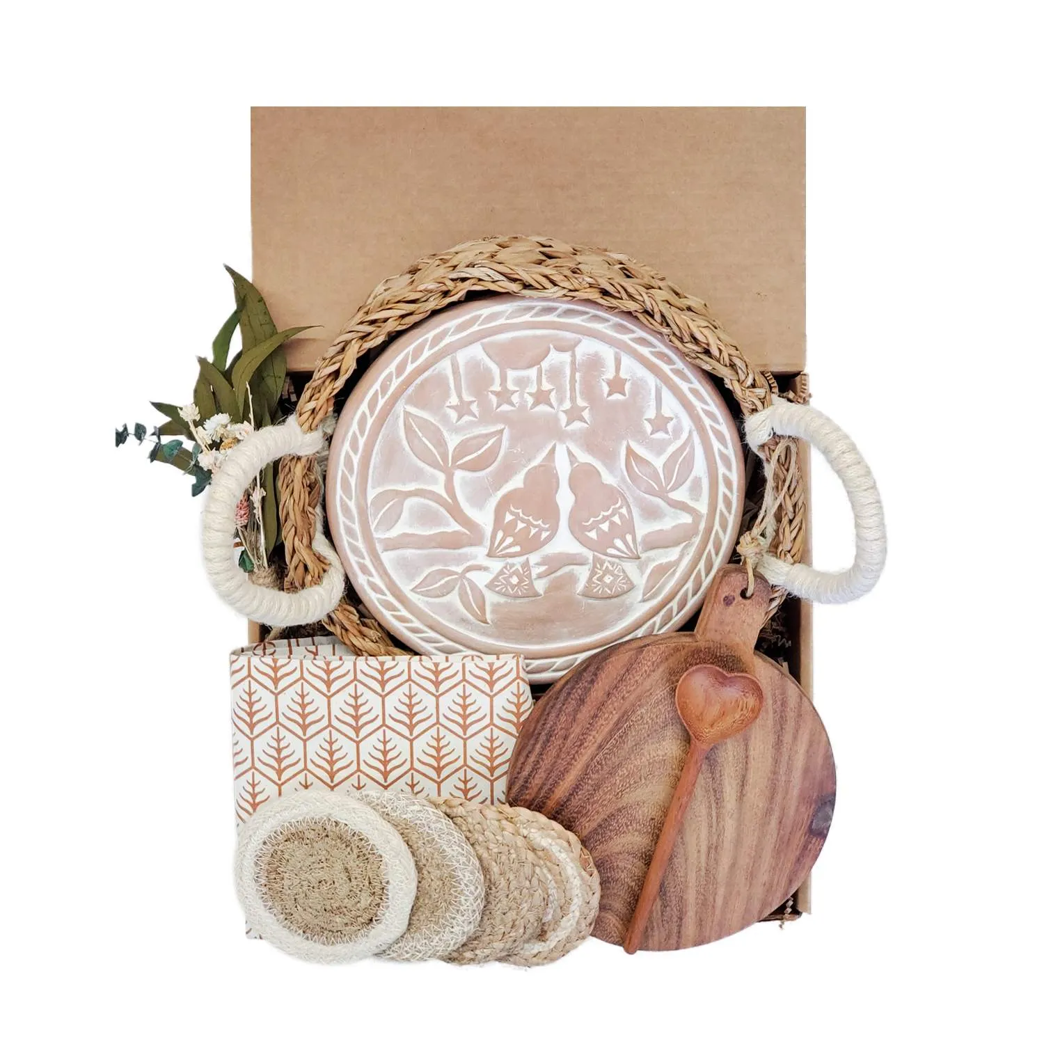 Round Bread Warmer Gift Box with Wooden Board - Brown, Terracotta