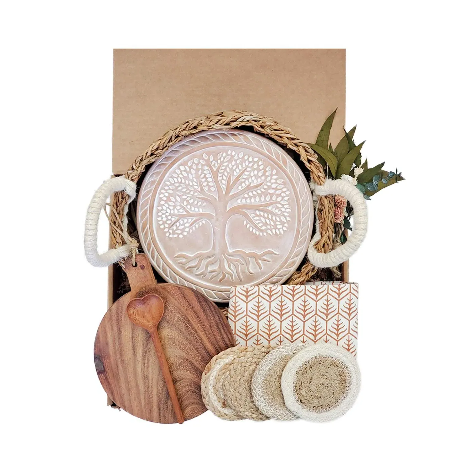 Round Bread Warmer Gift Box with Wooden Board - Brown, Terracotta