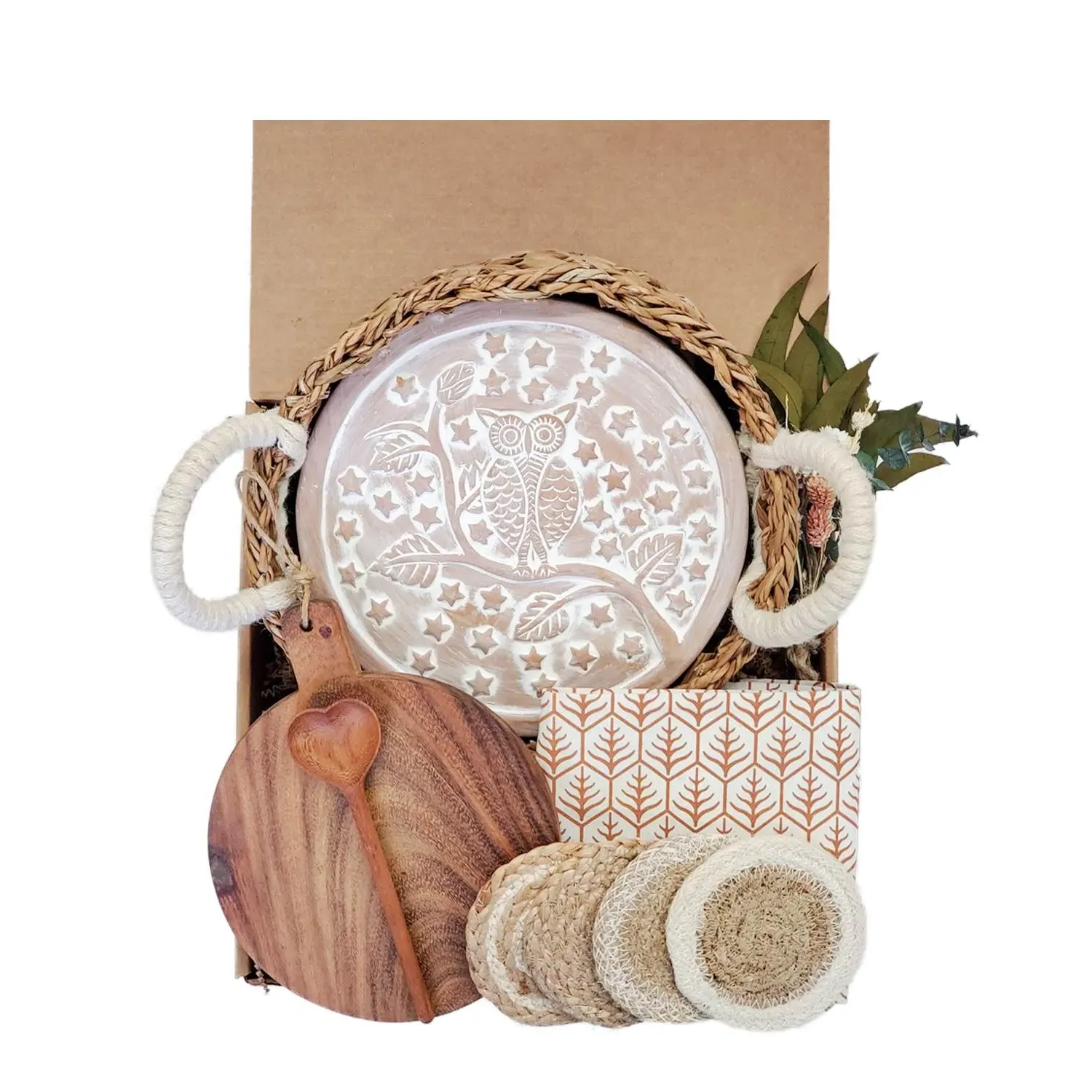 Round Bread Warmer Gift Box with Wooden Board - Brown, Terracotta
