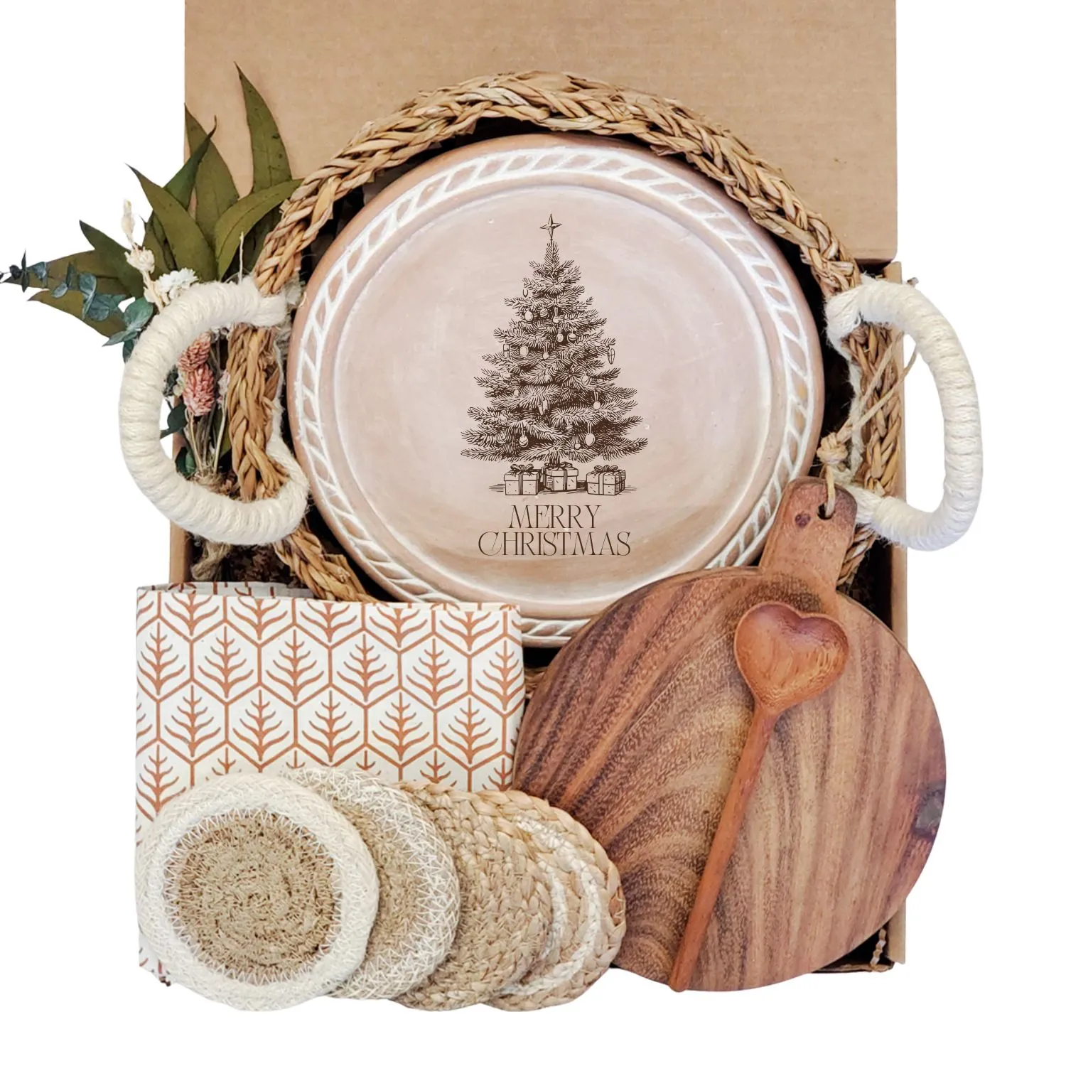 Round Bread Warmer Gift Box with Wooden Board - Brown, Terracotta