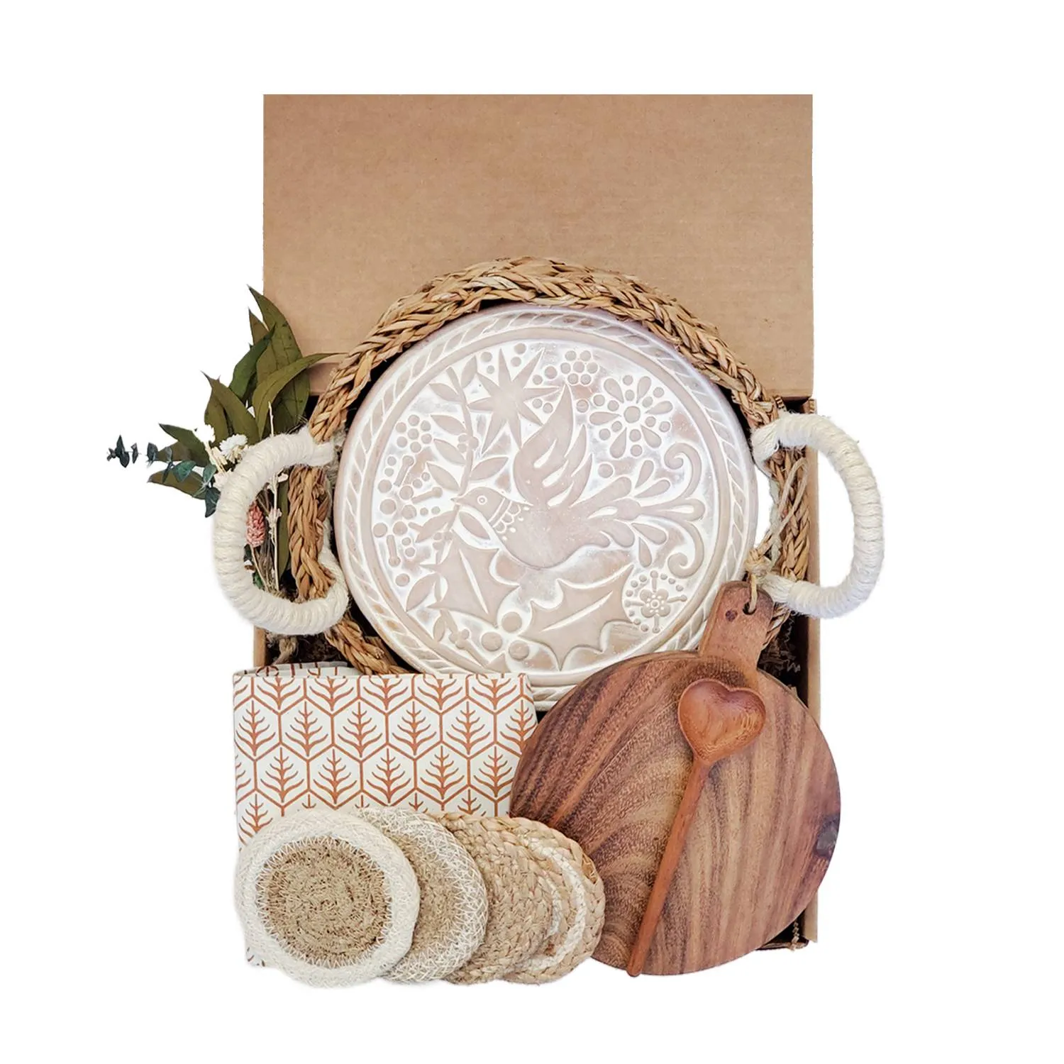 Round Bread Warmer Gift Box with Wooden Board - Brown, Terracotta