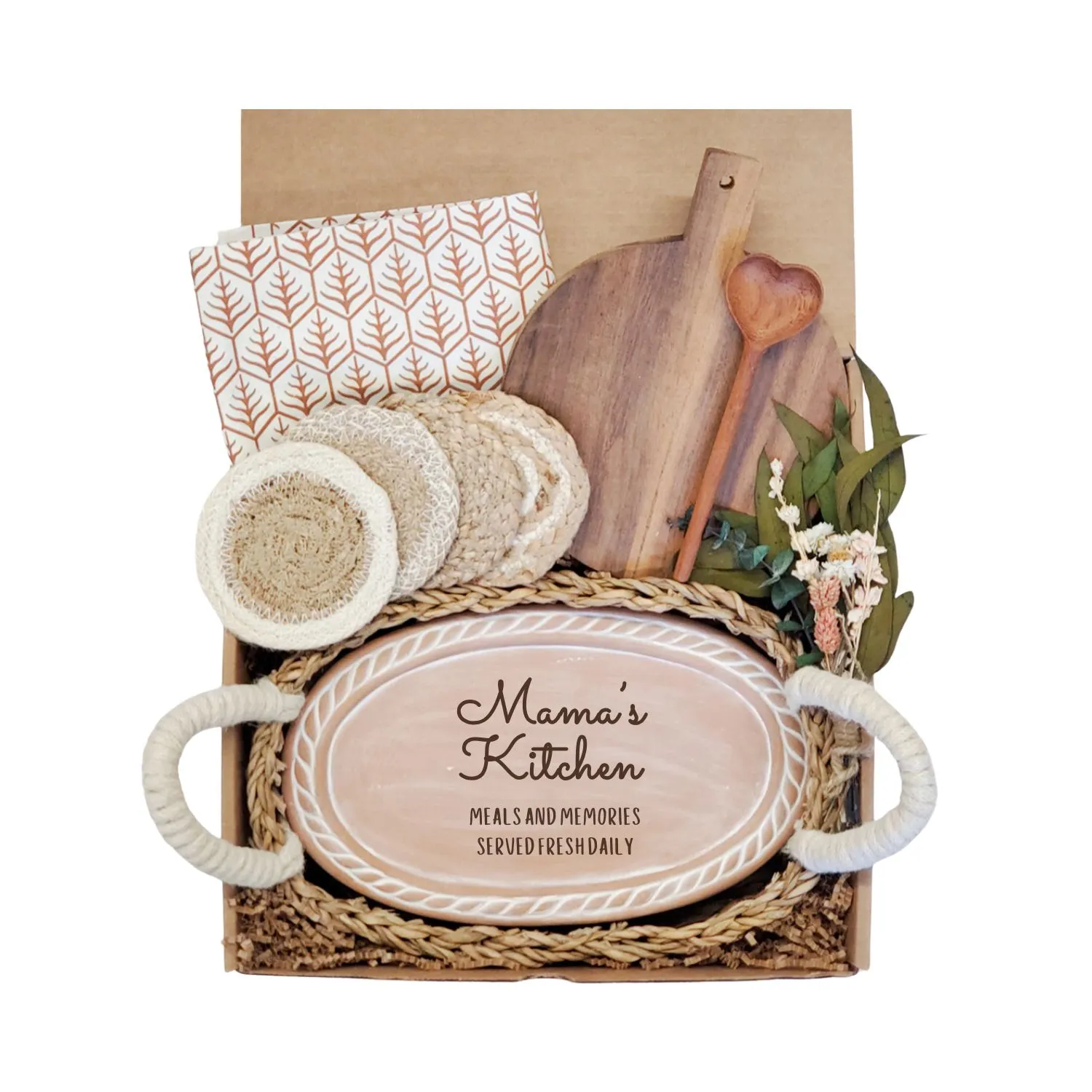 Round Bread Warmer Gift Box with Wooden Board - Brown, Terracotta