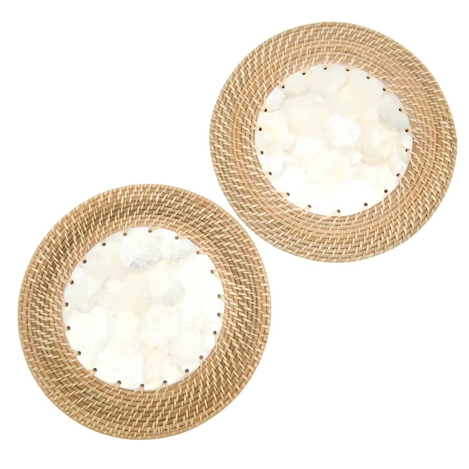 Capiz Shell Placemats with Rattan Trim, Set of 2 - White/Brown image