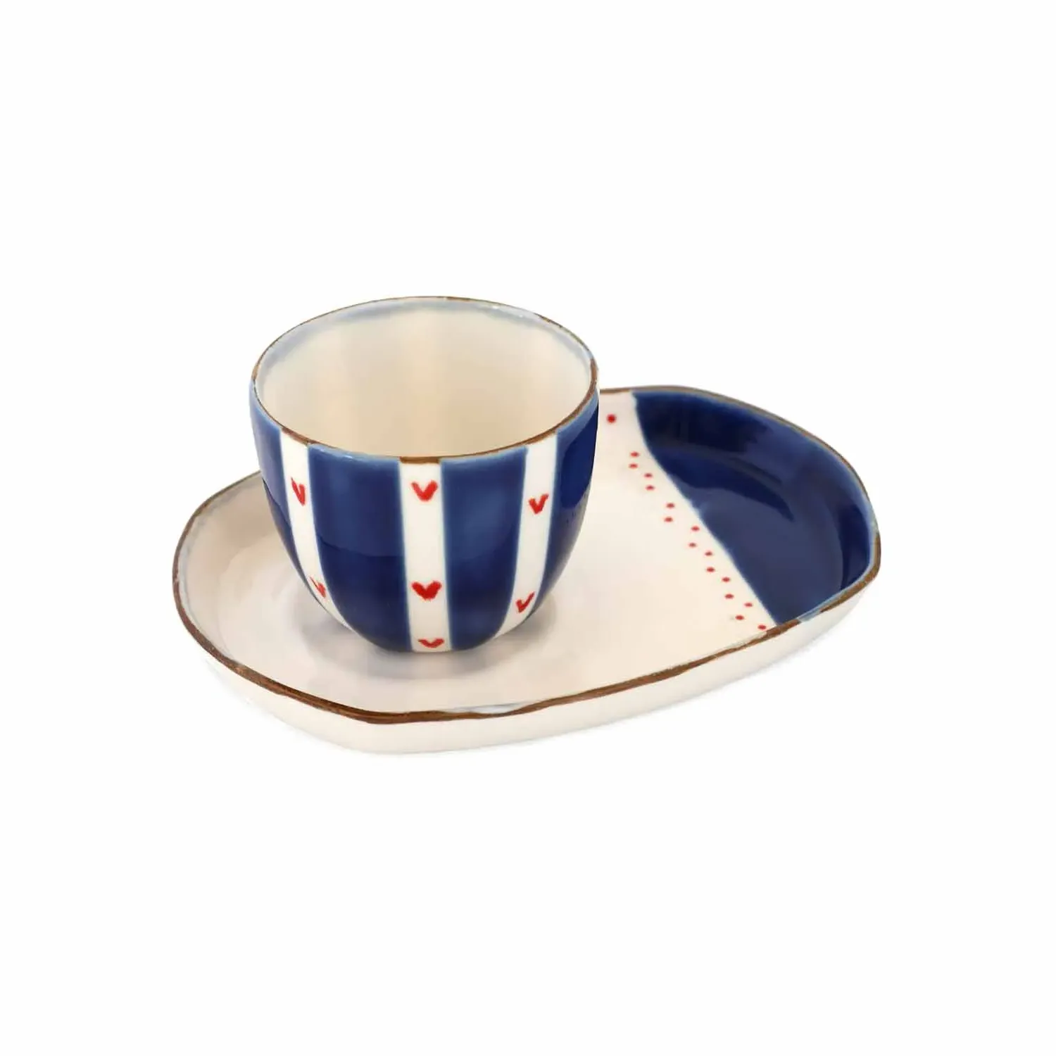 Enjoy Navy Hearts Coffee Cup and Plate Set - Blue, Porcelain