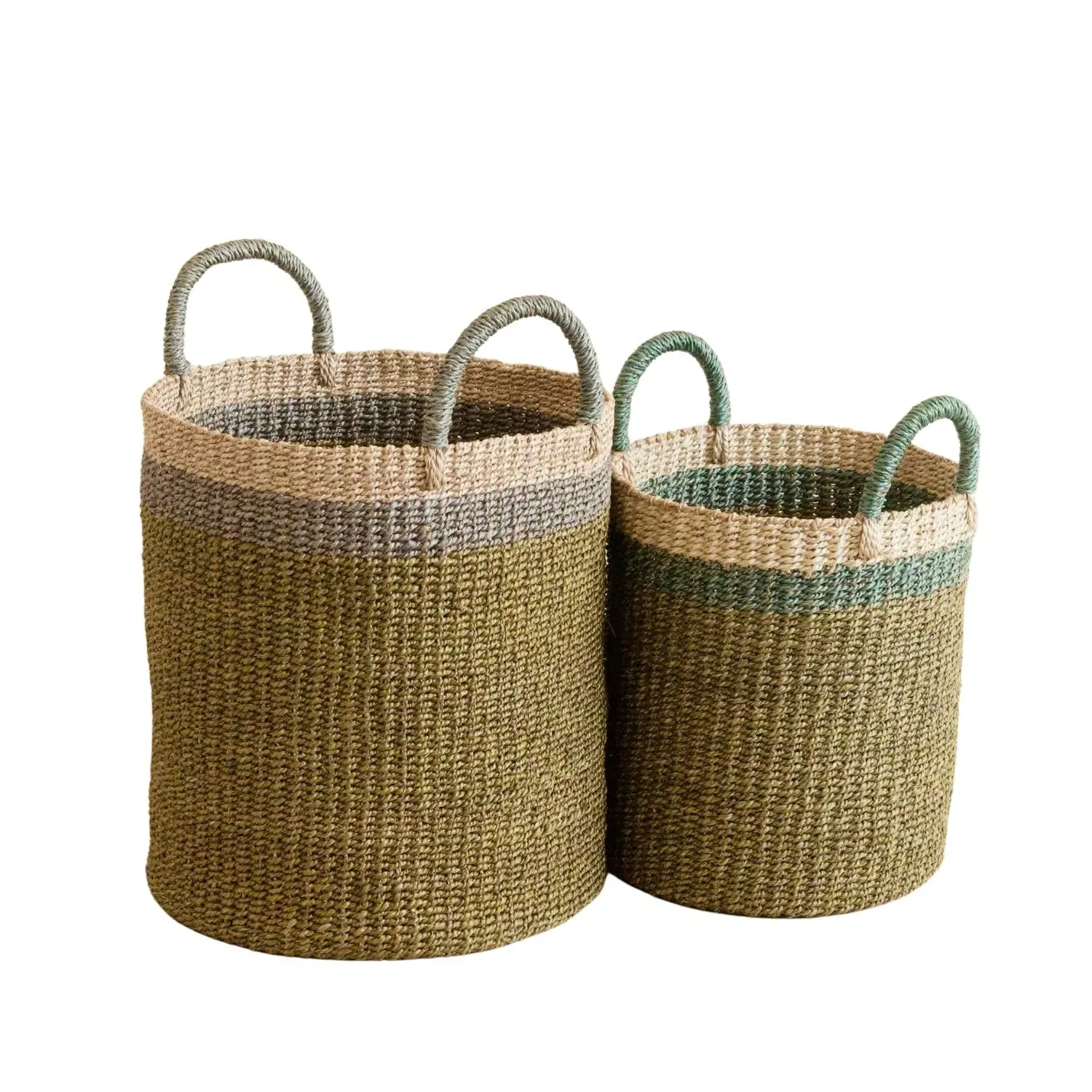 Handwoven Baskets with Handle Set of Two - Green, Manila Hemp