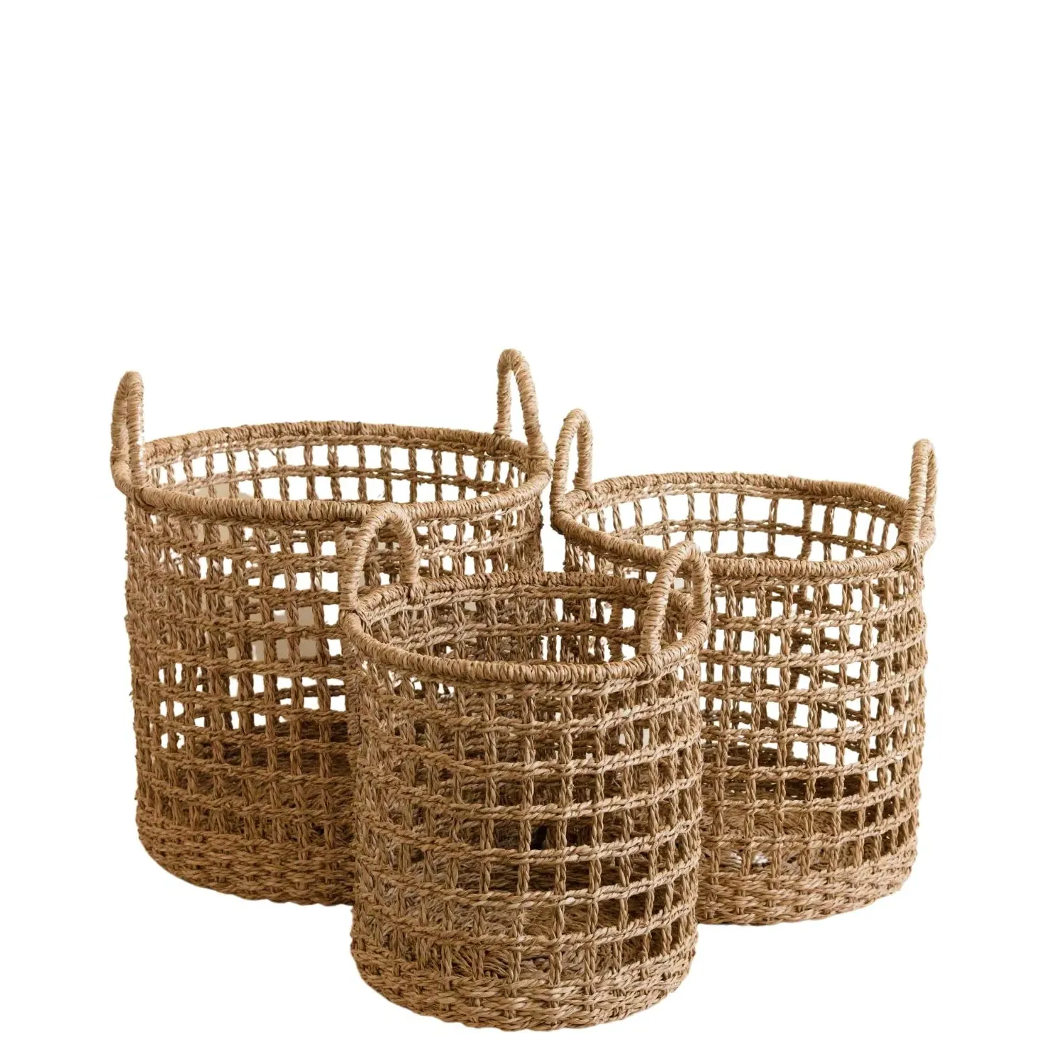 Open Weave Storage Baskets with Handle Set of 3 - Neutral