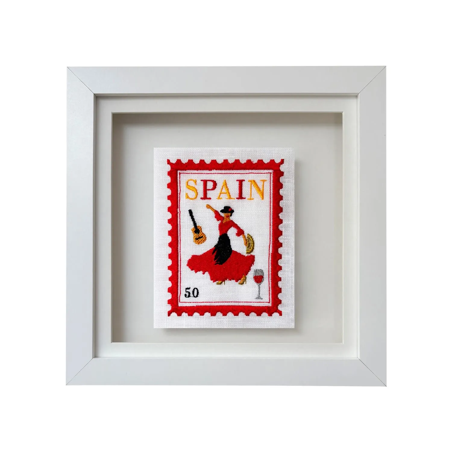 Spain Postage Stamp Embroidery Wall Art - White