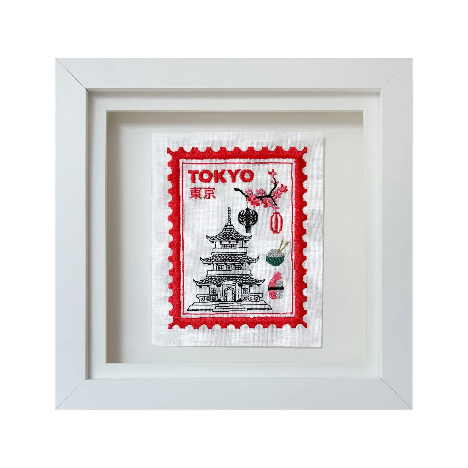 Tokyo Inspired Embroidered Stamp Art - Black/Red