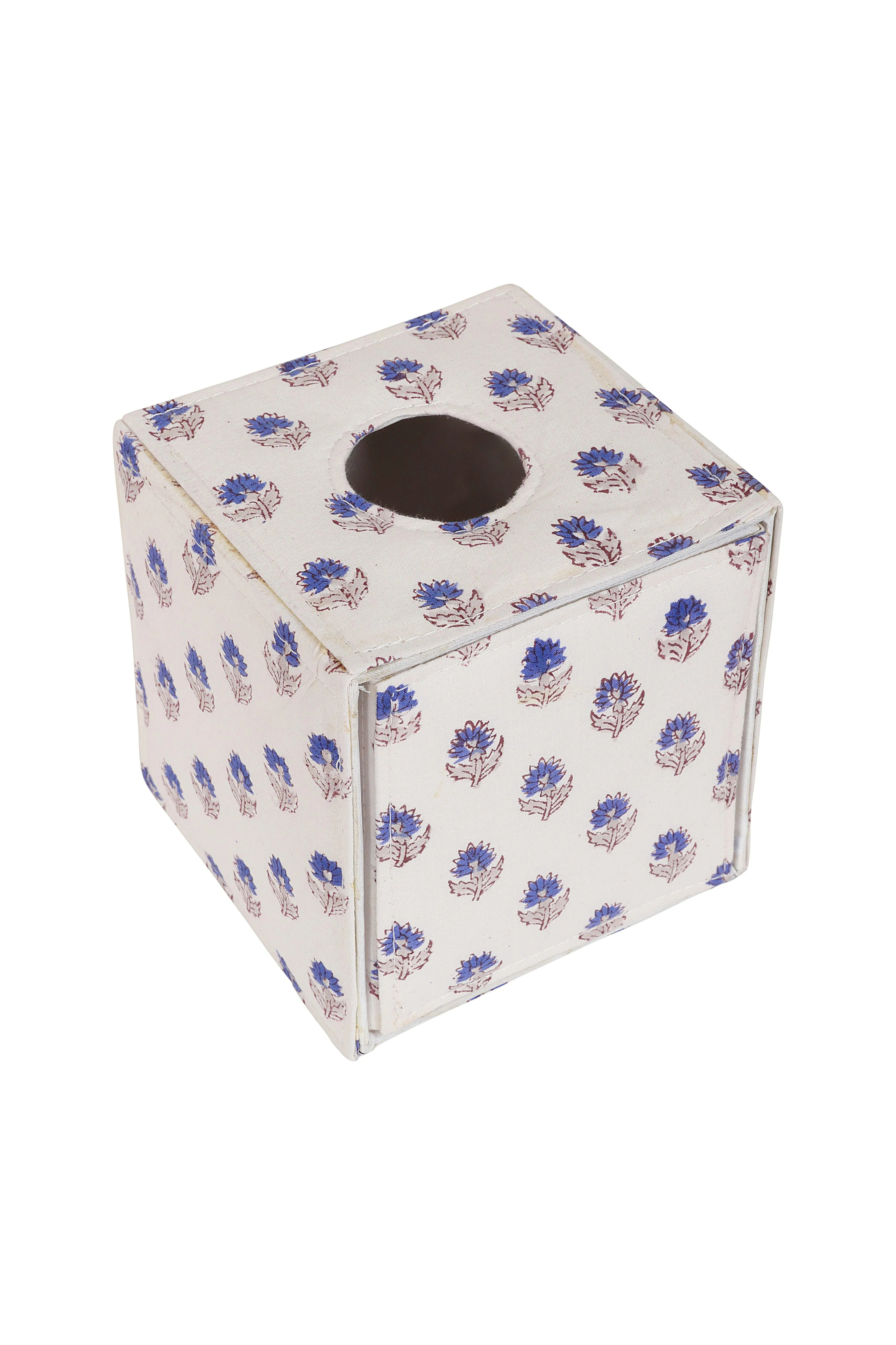 Square Floral Tissue Box Holder - Blue, Cotton