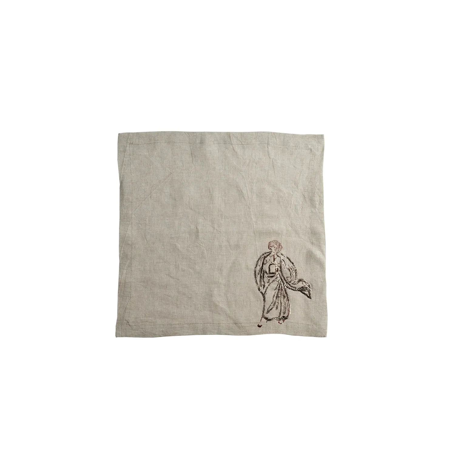 Relief Harp Hand-Embroidered Napkin Set of Two - Beige, Linen