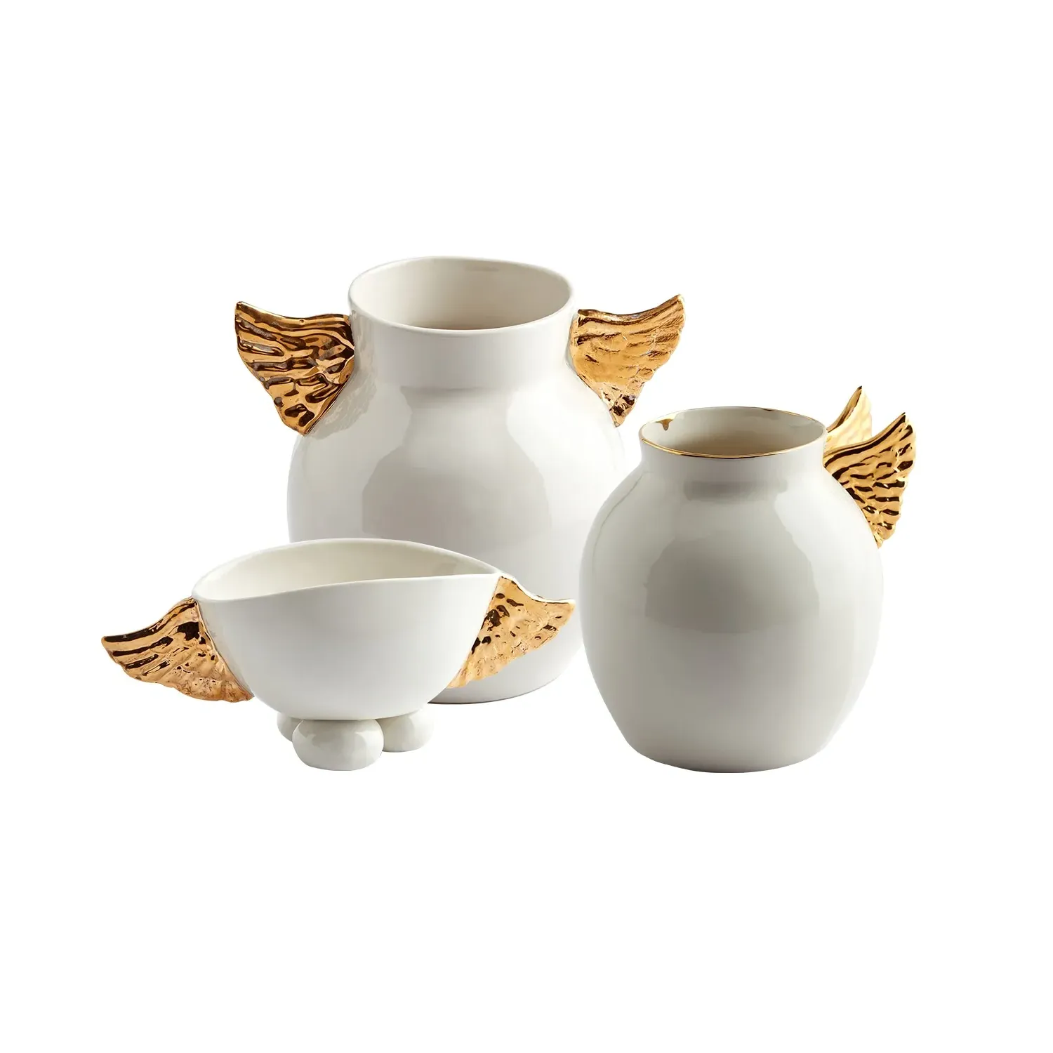 Winged Vase & Bird Vase & Bowl Porcelain Set - Gold