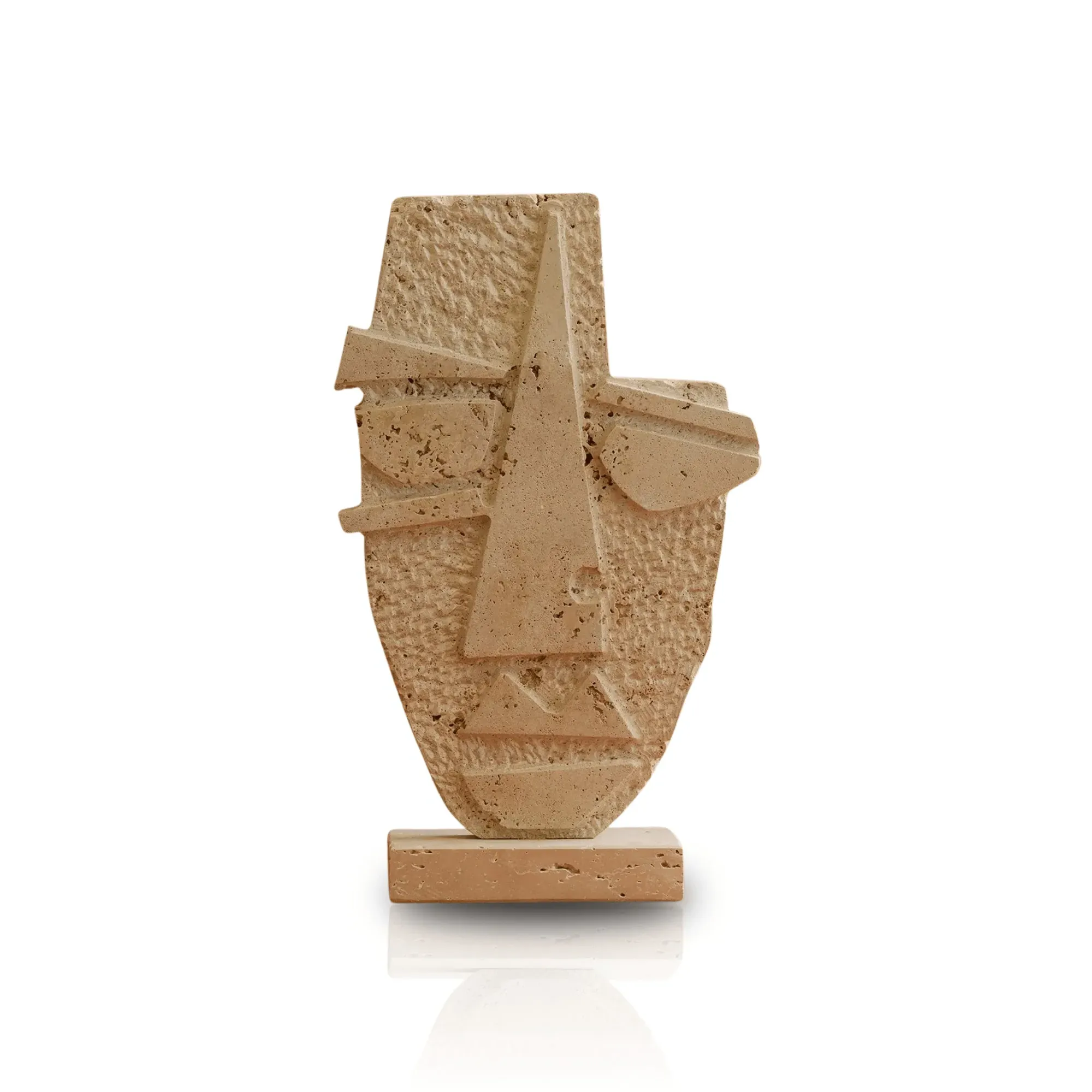 African Mask Travertine Sculpture - Beige, Handmade