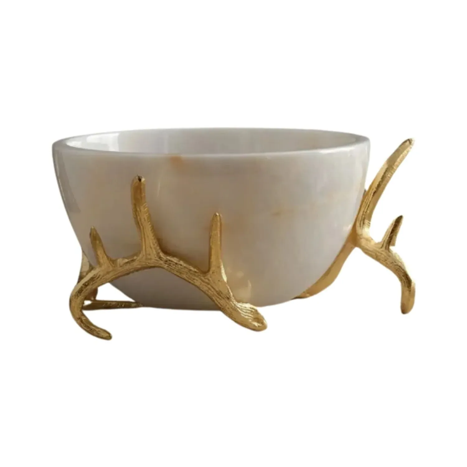 Antler Marble Bowl with Brass Stand - Gold, White image