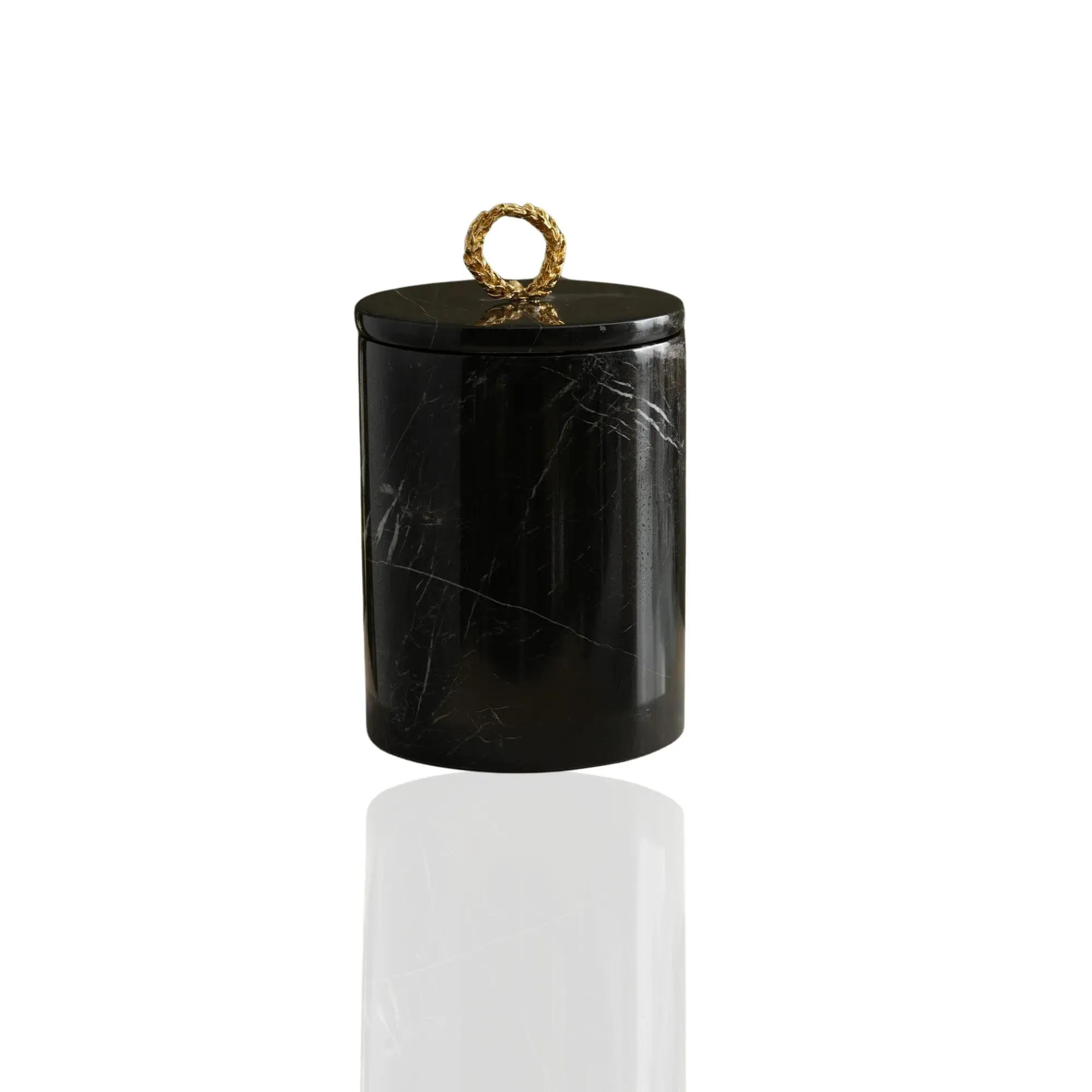 Bathroom Waste Bin with Brass Handle - Black, Marble image