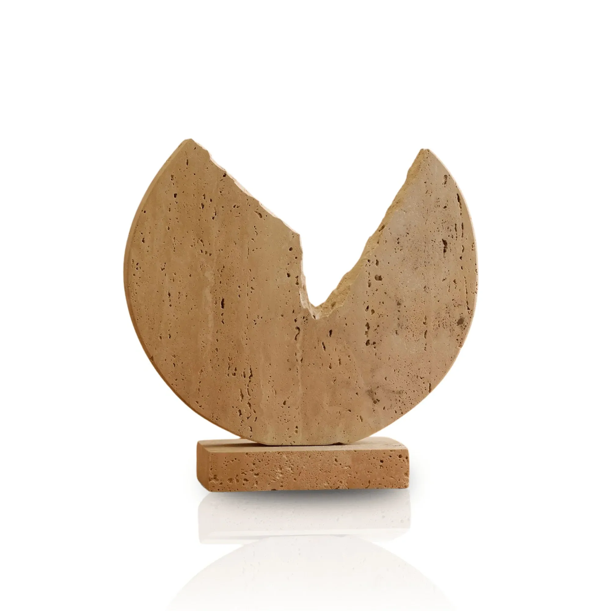 Broken Disk Hand-Carved Travertine Sculpture - Brown