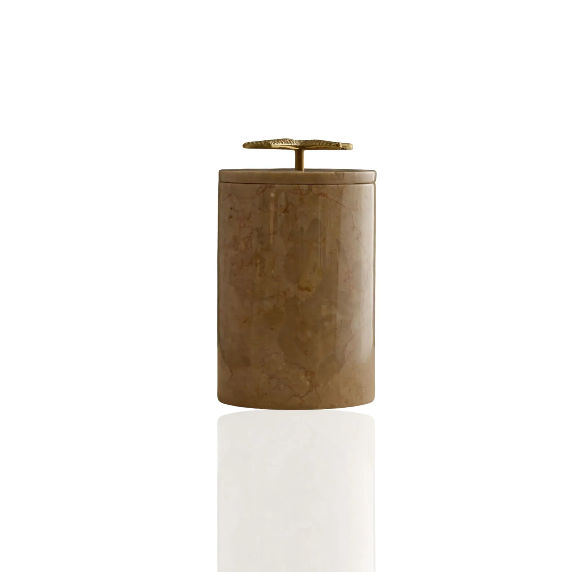 Cylindrical Waste Bin with Brass Starfish Handle - Brown, Marble image