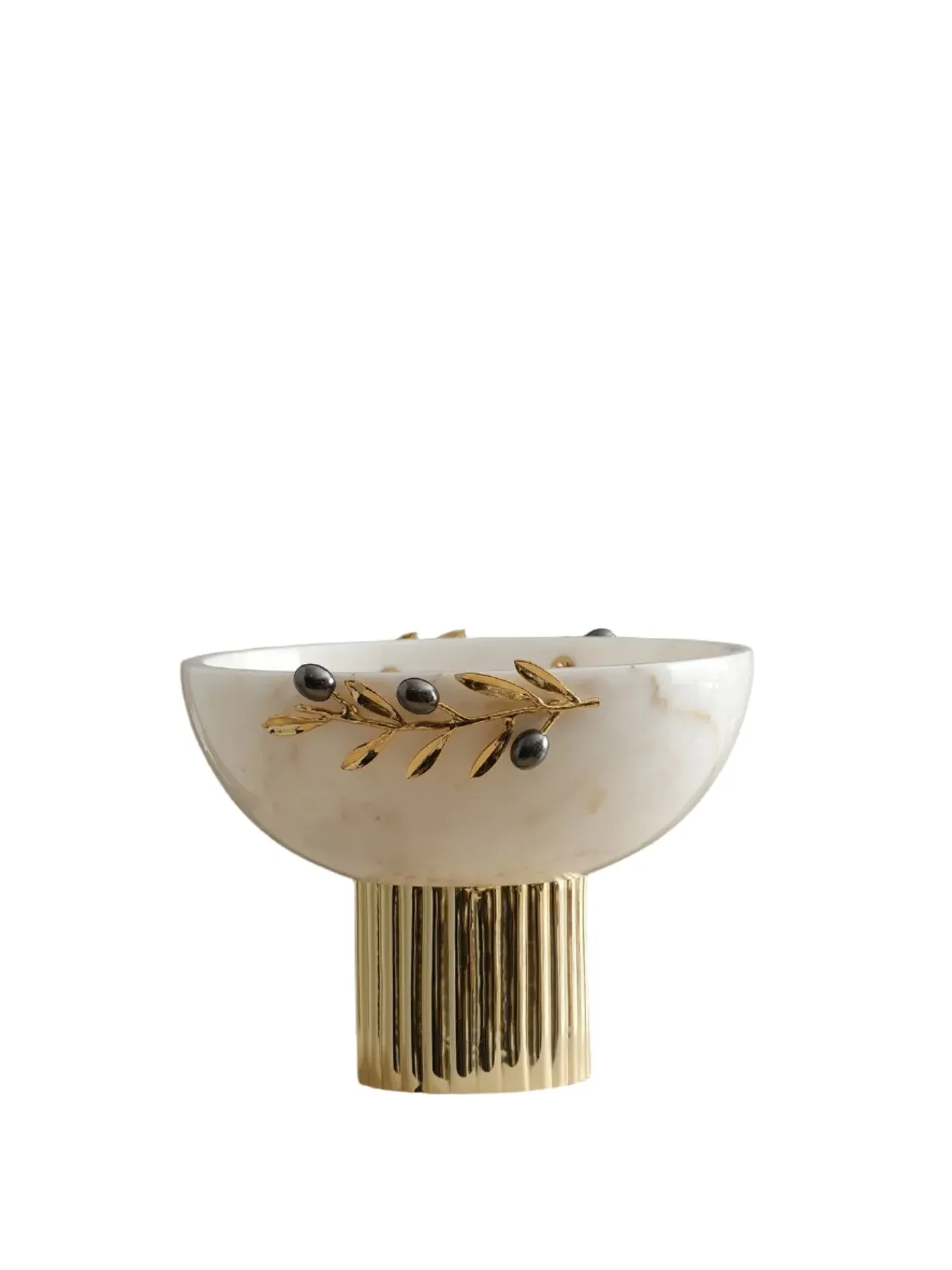 Double Olive Inlay Pedestal Bowl - Gold, White Marble image