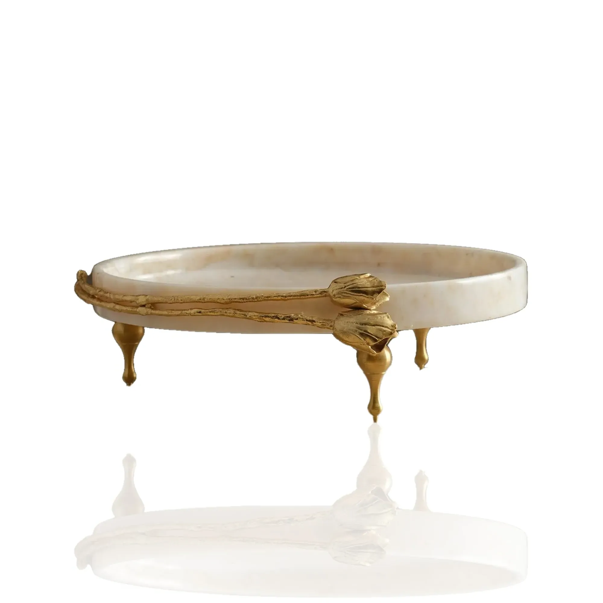 Double Tulip Round Serving Tray - Gold, White Marble image