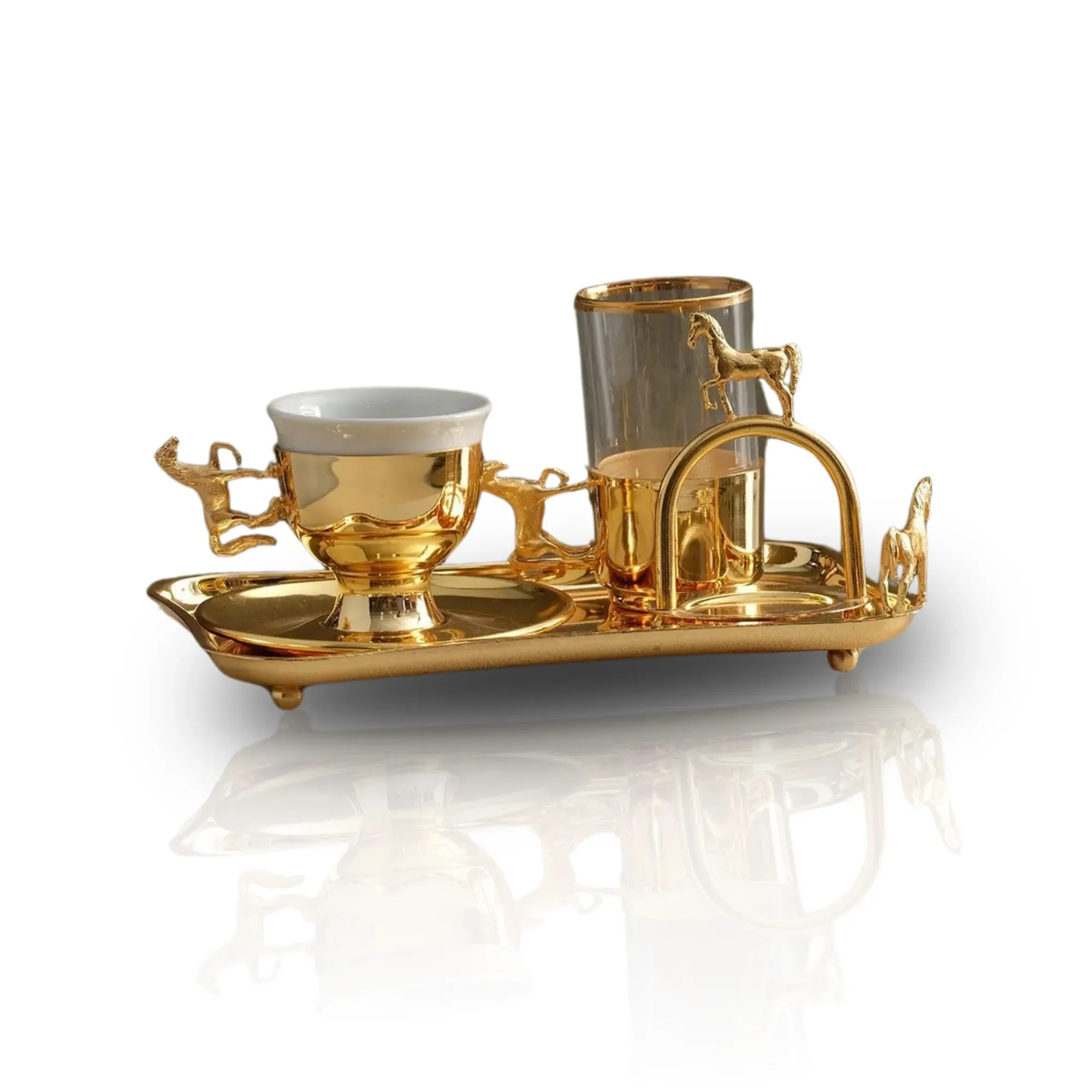 Four-Piece Turkish Coffee Set with Tray - Gold, Porcelain