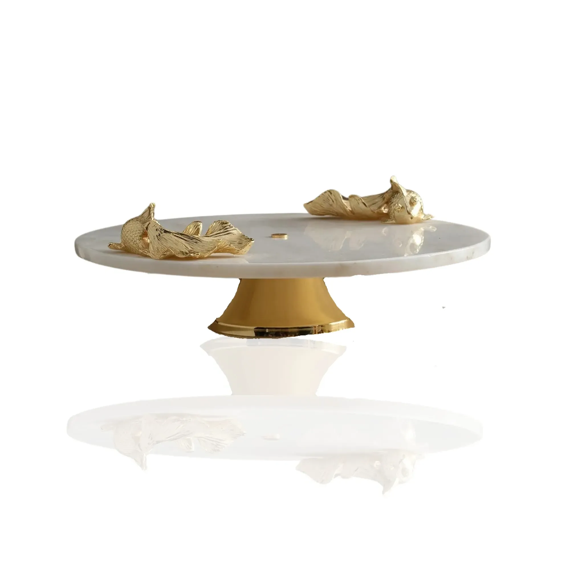 Golden Fish Round Serving Stand - White, Marble image