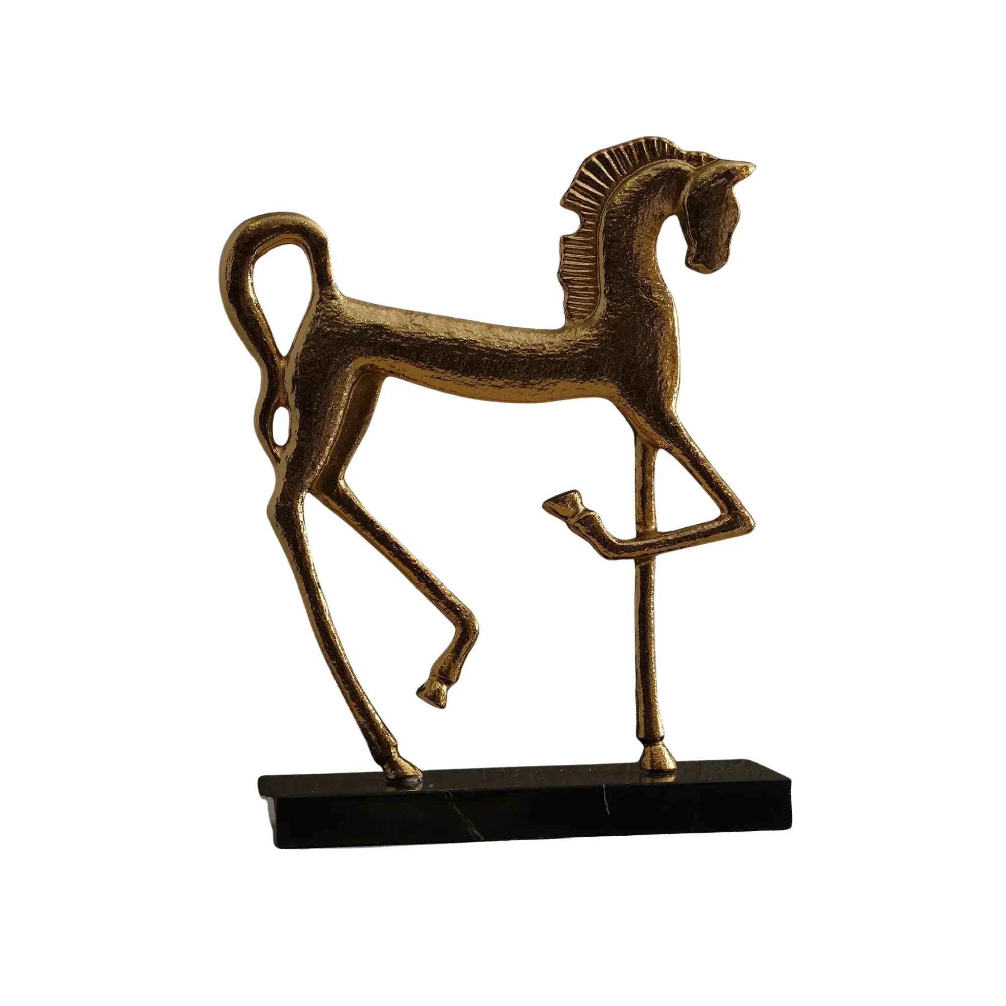 Golden Troy Horse Sculptural Accent - Gold, Black Marble
