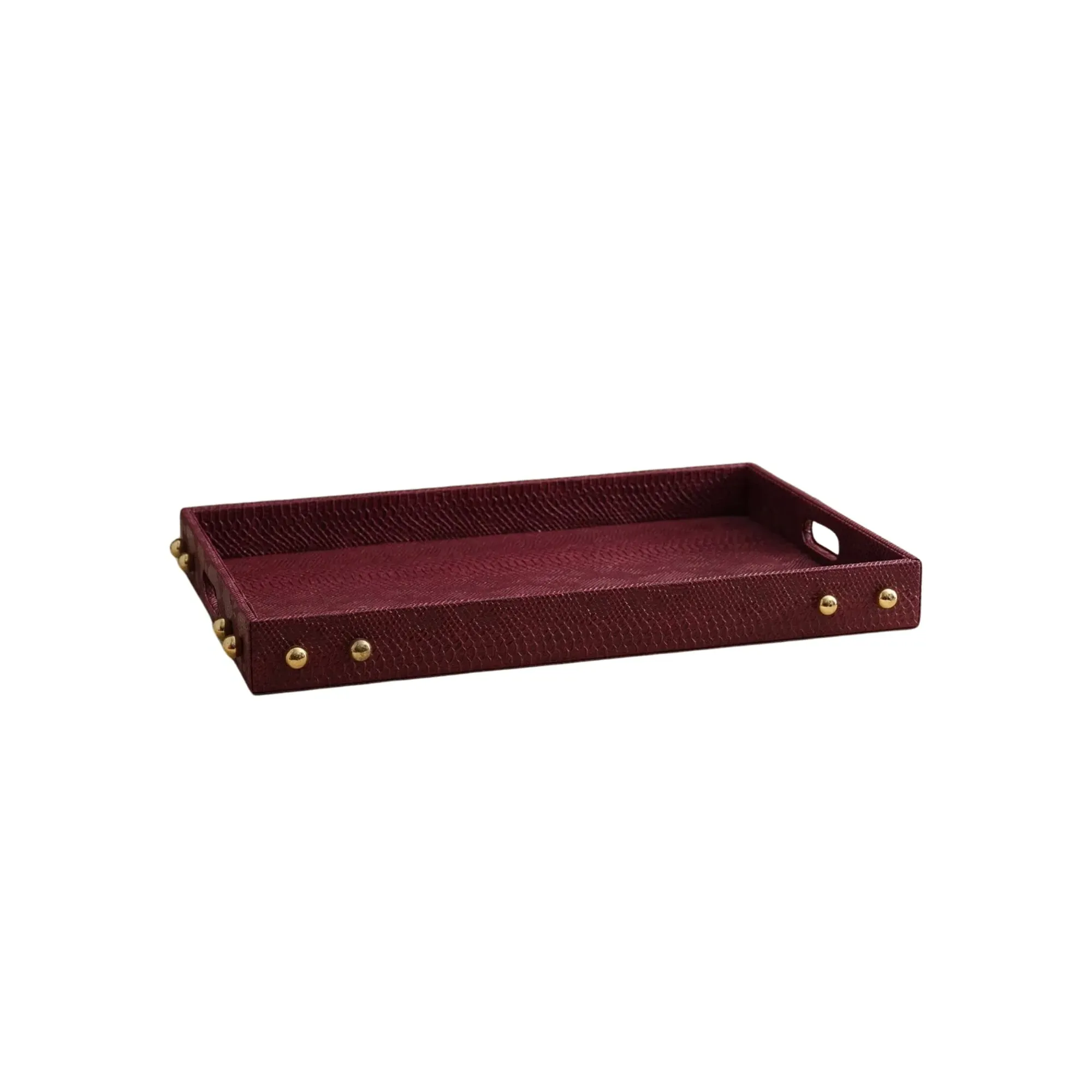 Handmade Burgundy Leather Tray with Brass Studs - Red
