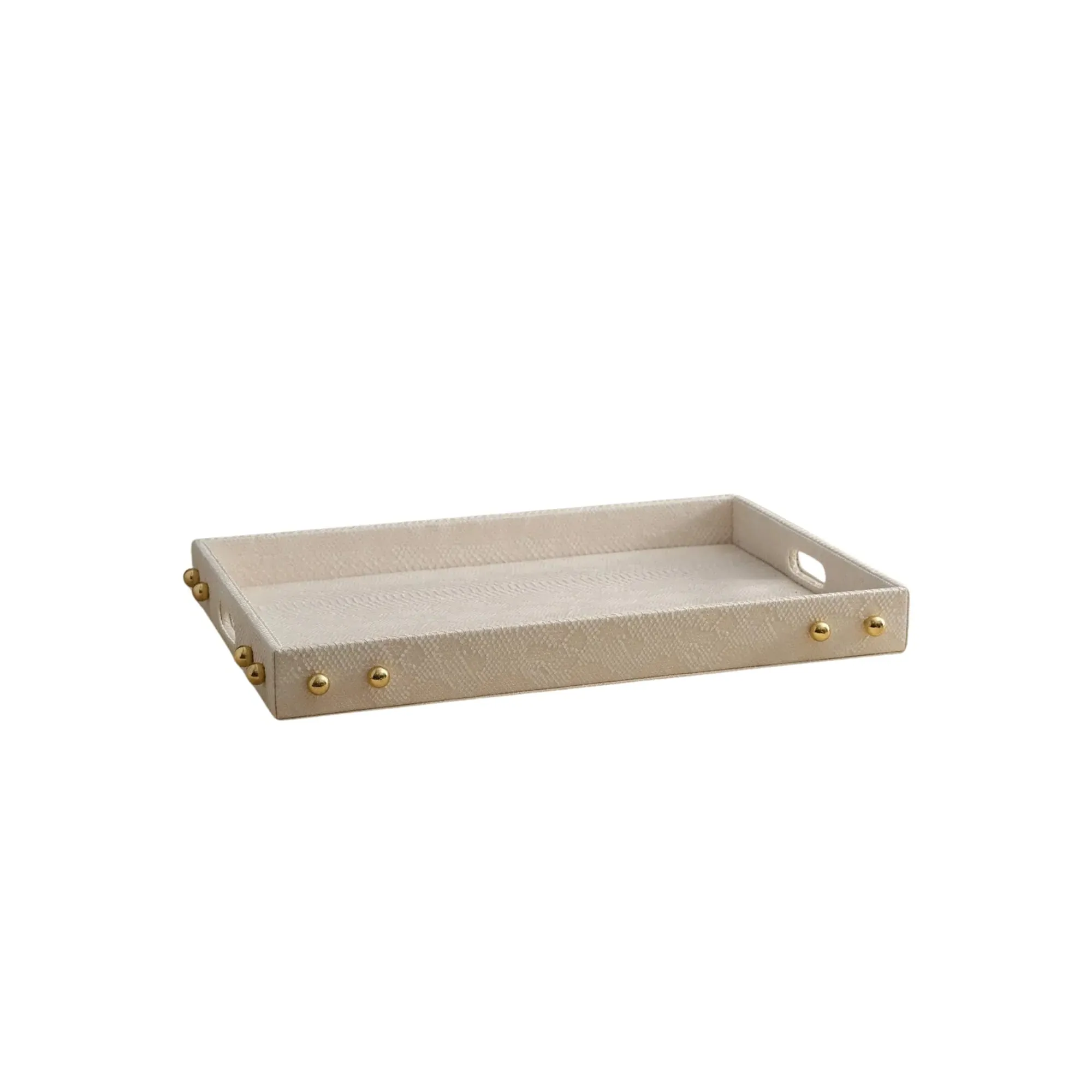 Handmade Cream Leather Tray with Brass Studs - White