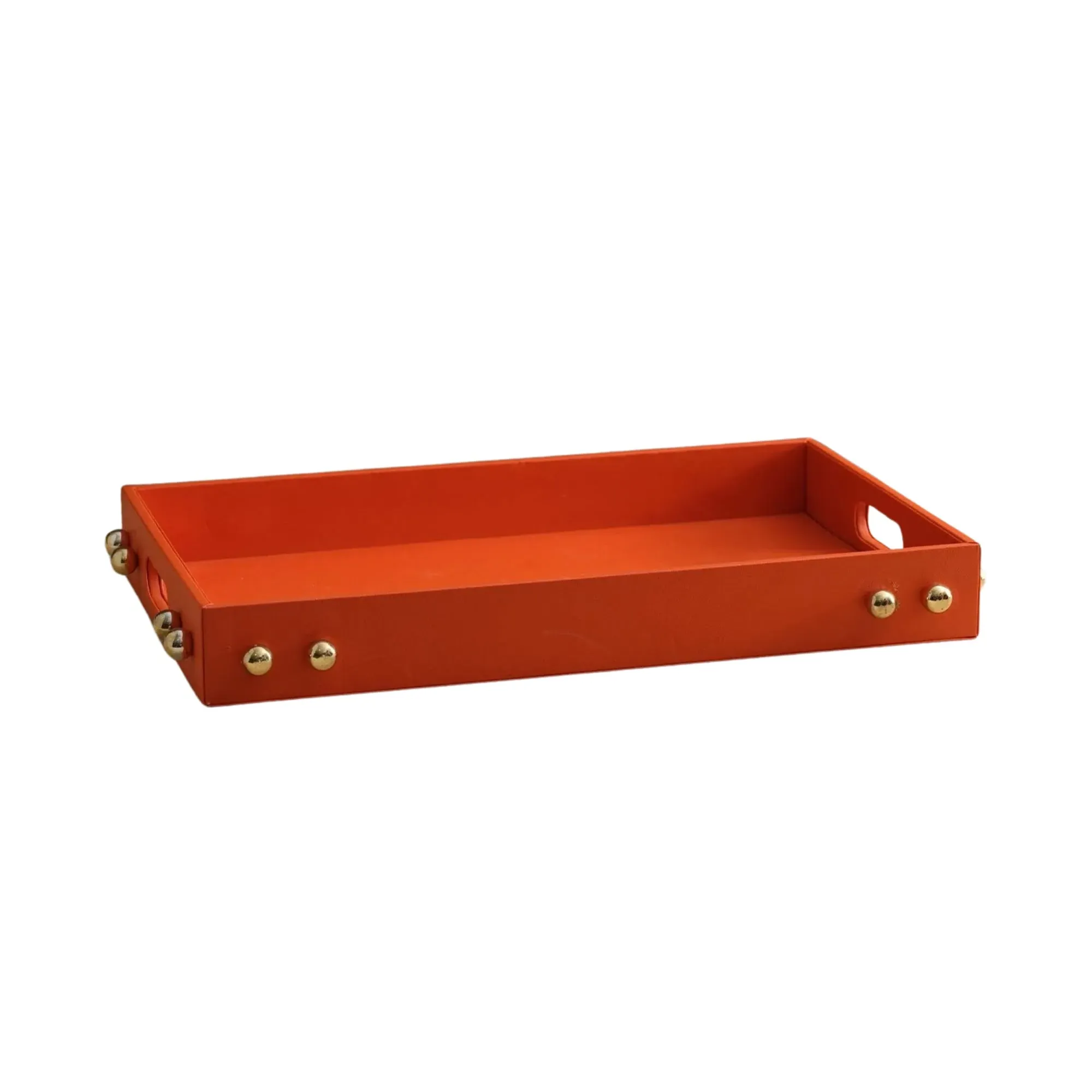 Handmade Leather Tray with Brass Studs - Orange