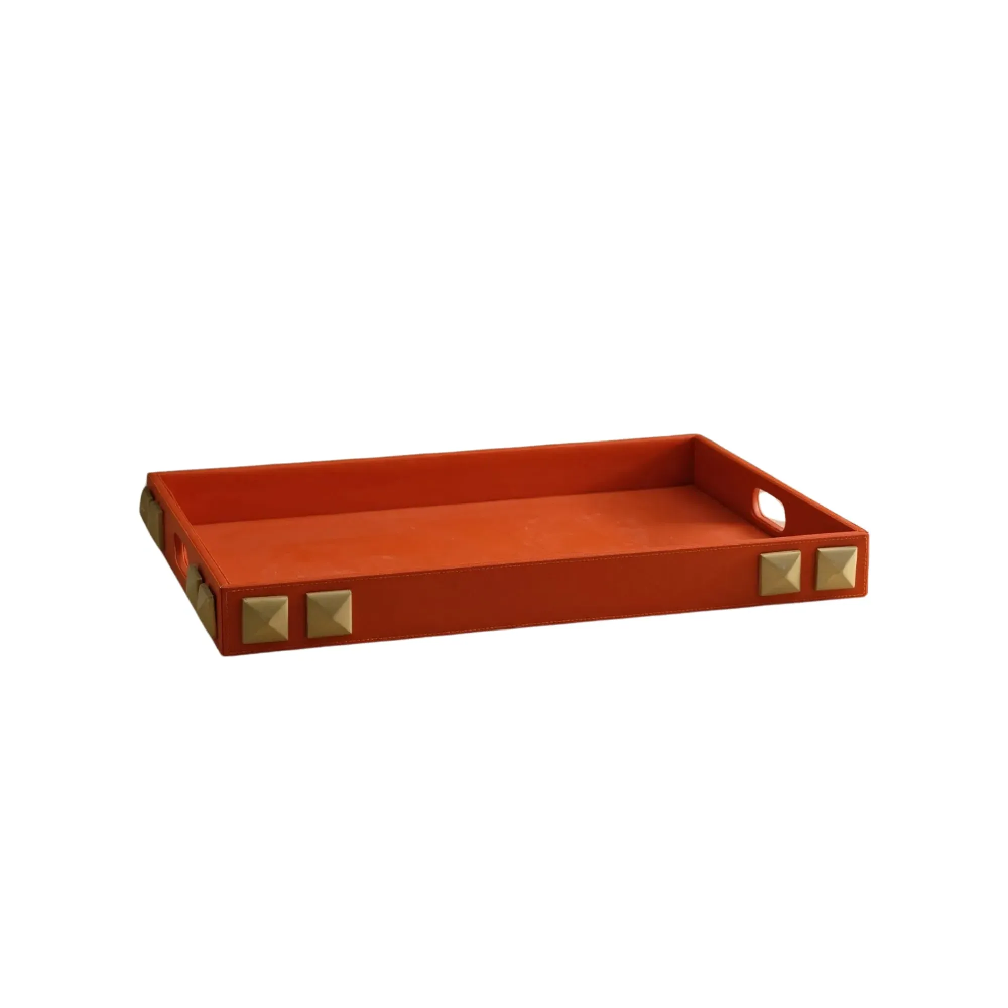 Handmade Leather Tray with Brass Studs - Orange