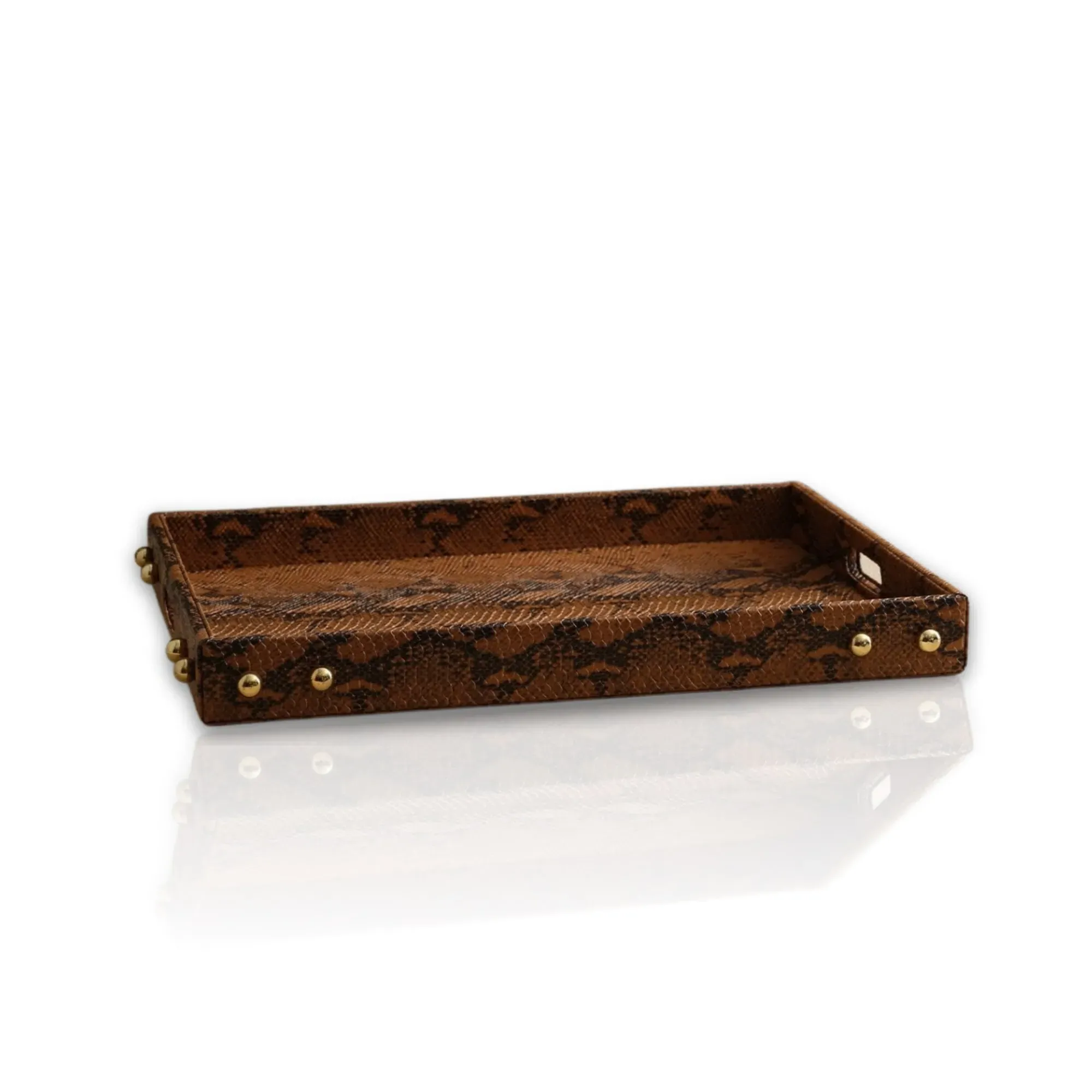 Handmade Rectangular Leather Tray with Brass Studs - Black/Brown