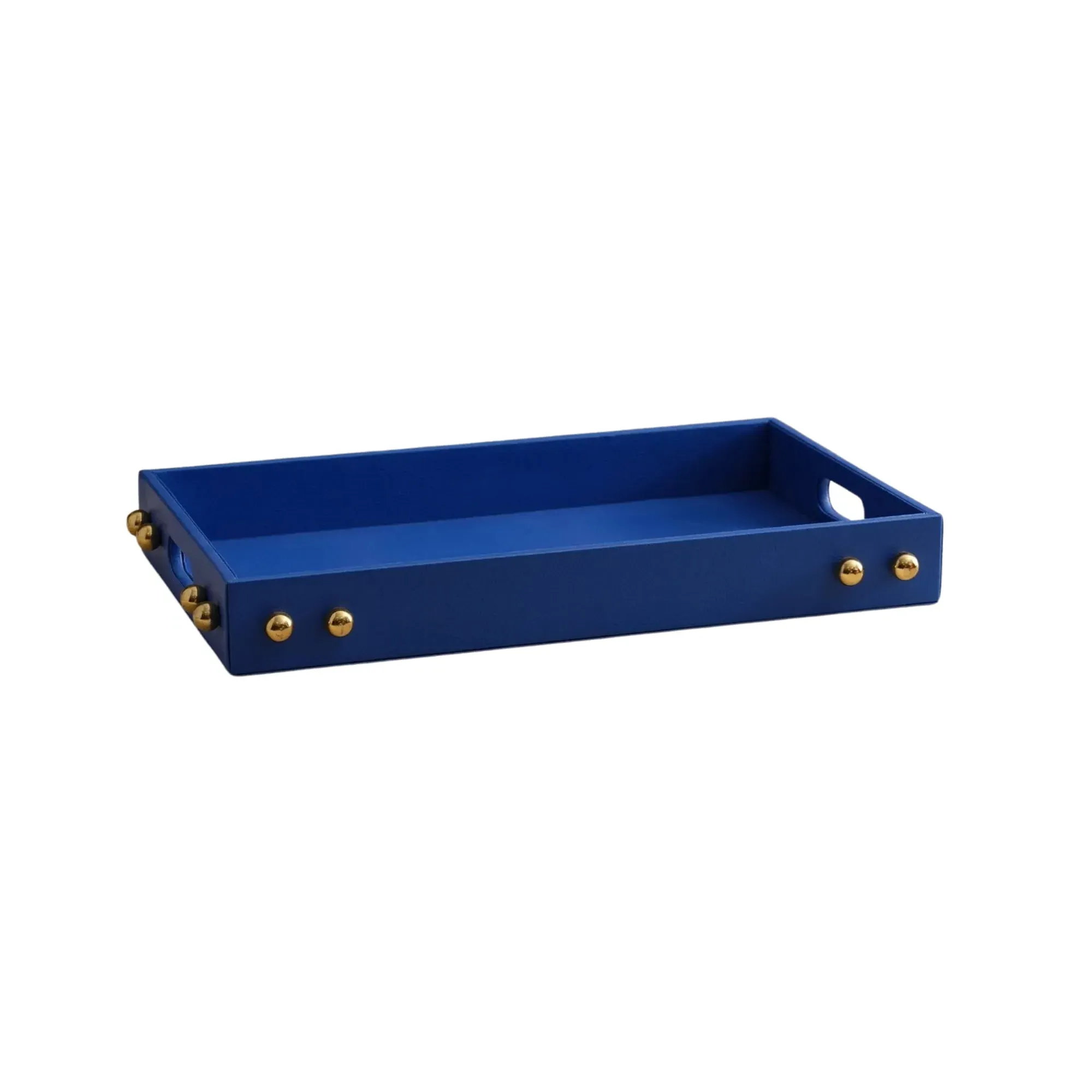 Handmade Royal Blue Leather Tray with Brass Studs - Blue