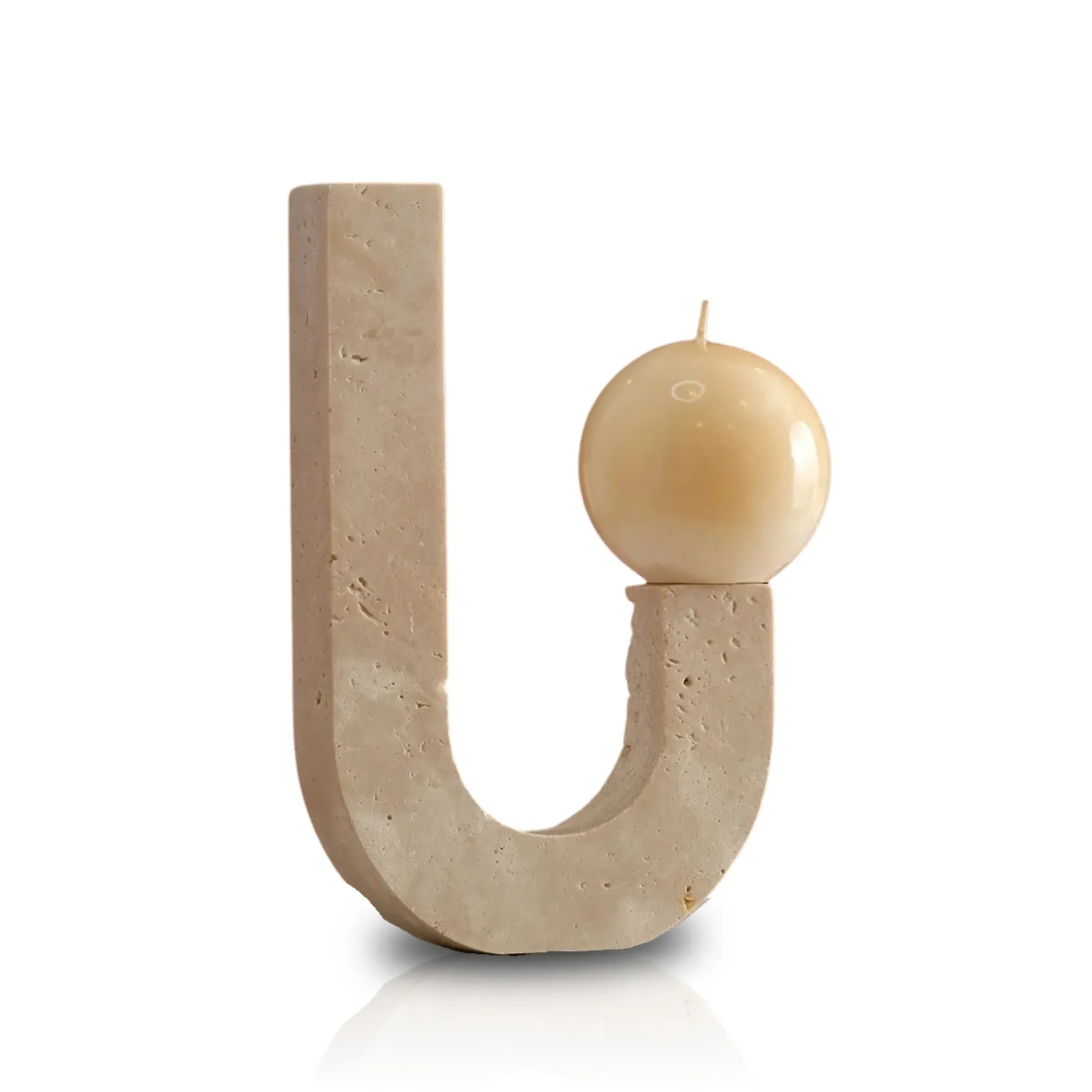 J-Shaped Handmade Travertine Candle Holder - White