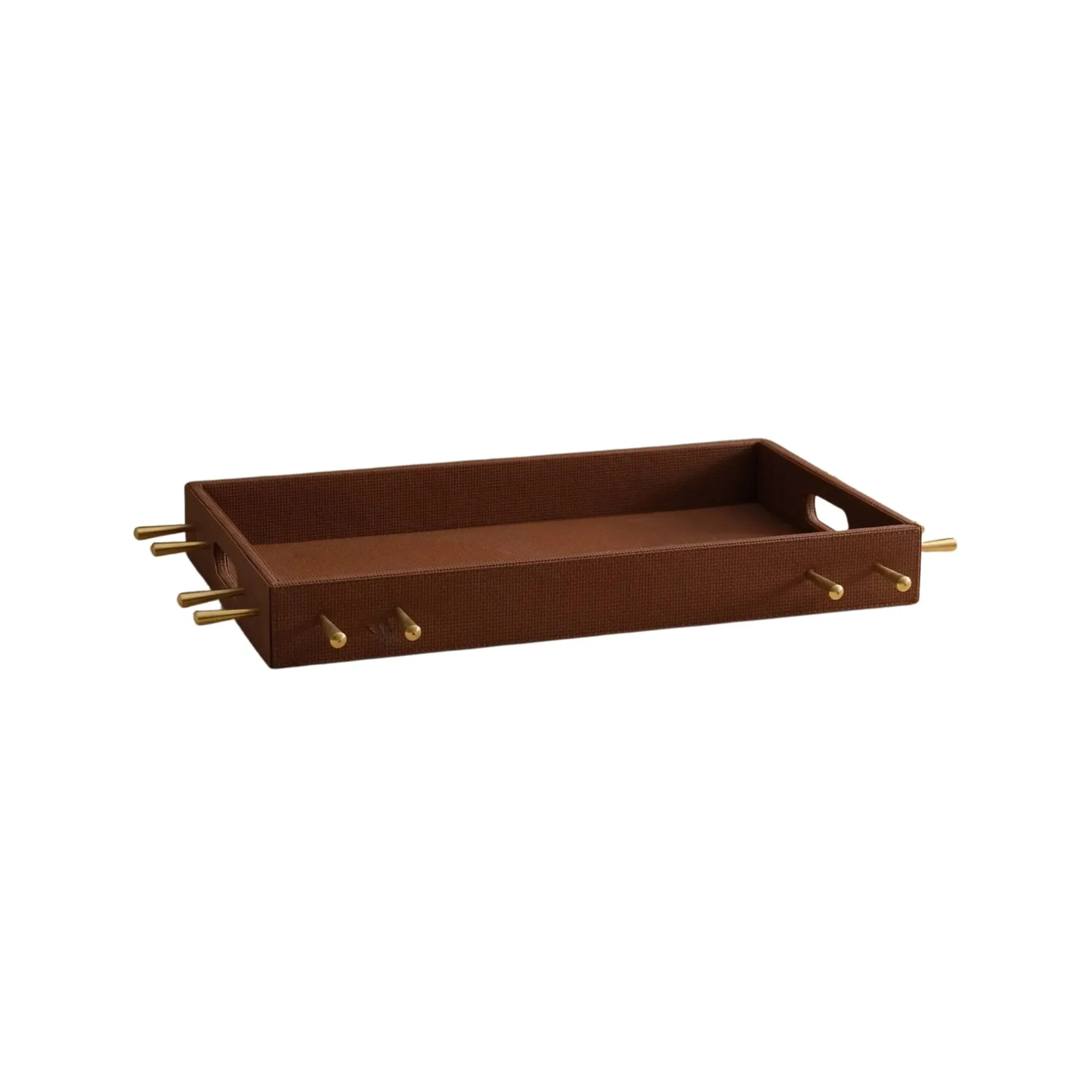 Large Leather Tray with Brass Handle - Brown