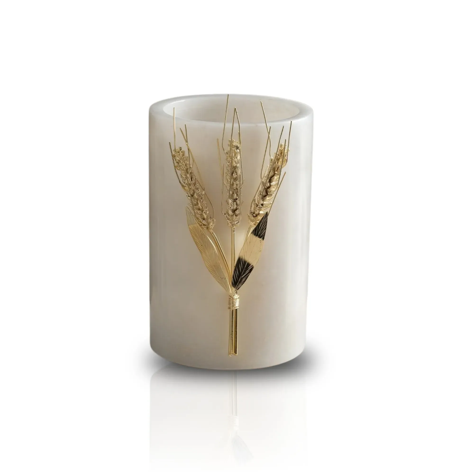 Large Marble Vase with Wheat Motif - White, Brass image