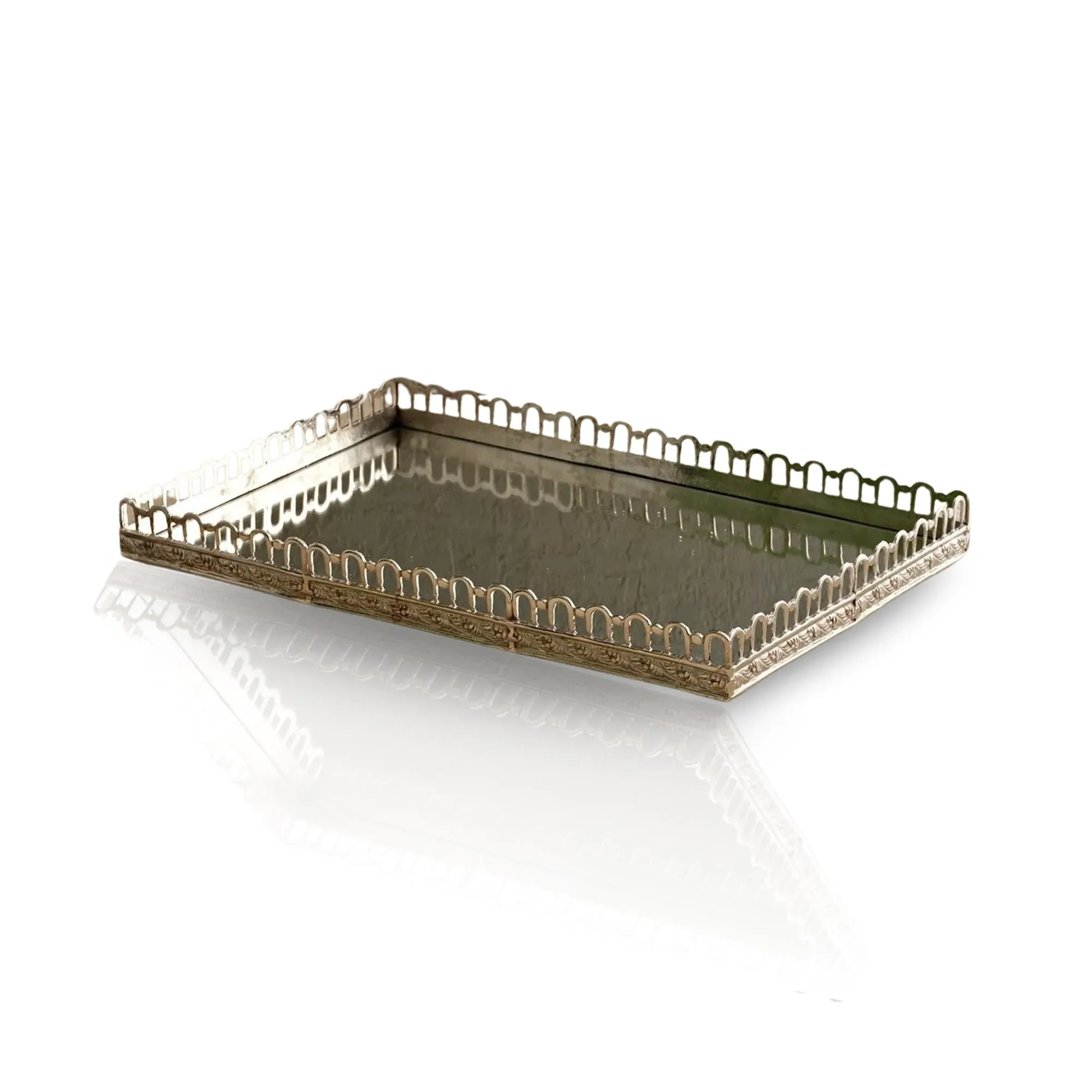 Large Rectangular Brass Tray with Mirrored Base - Silver