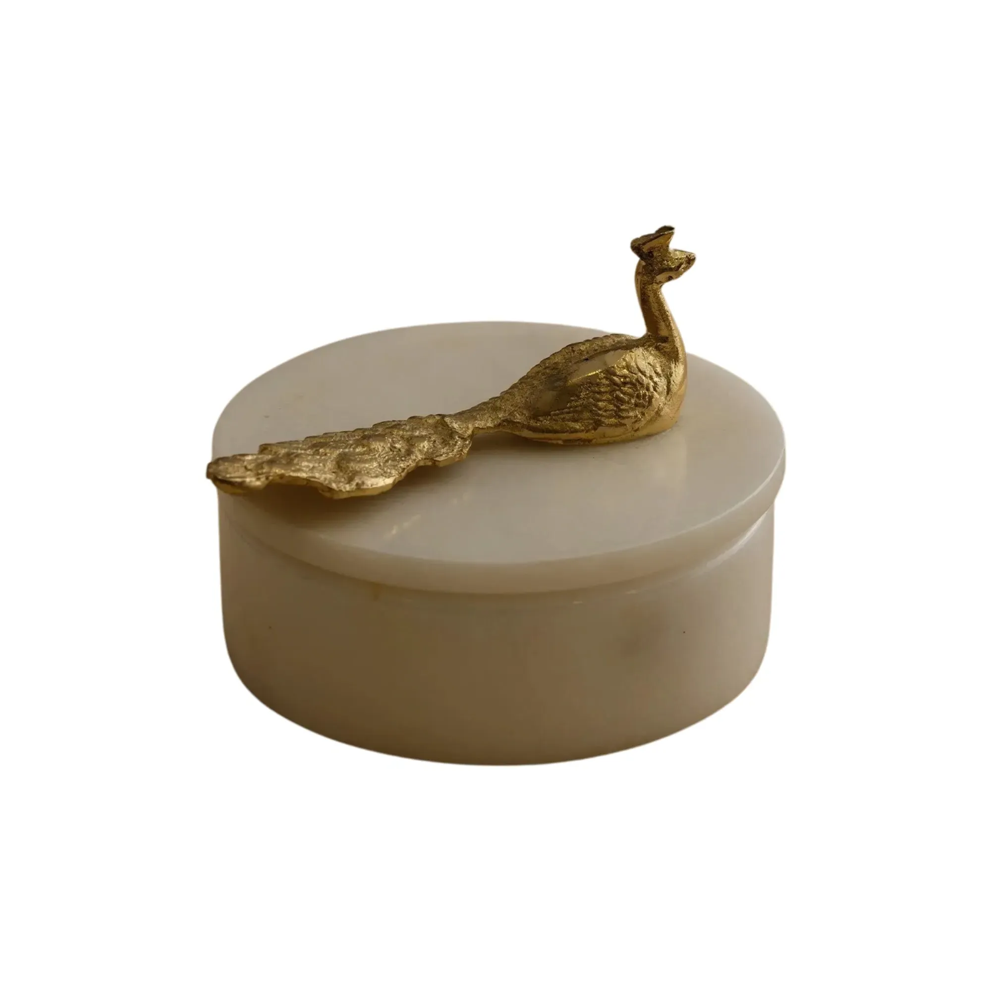 Peacock Storage Box with Gold Lid - White, Marble