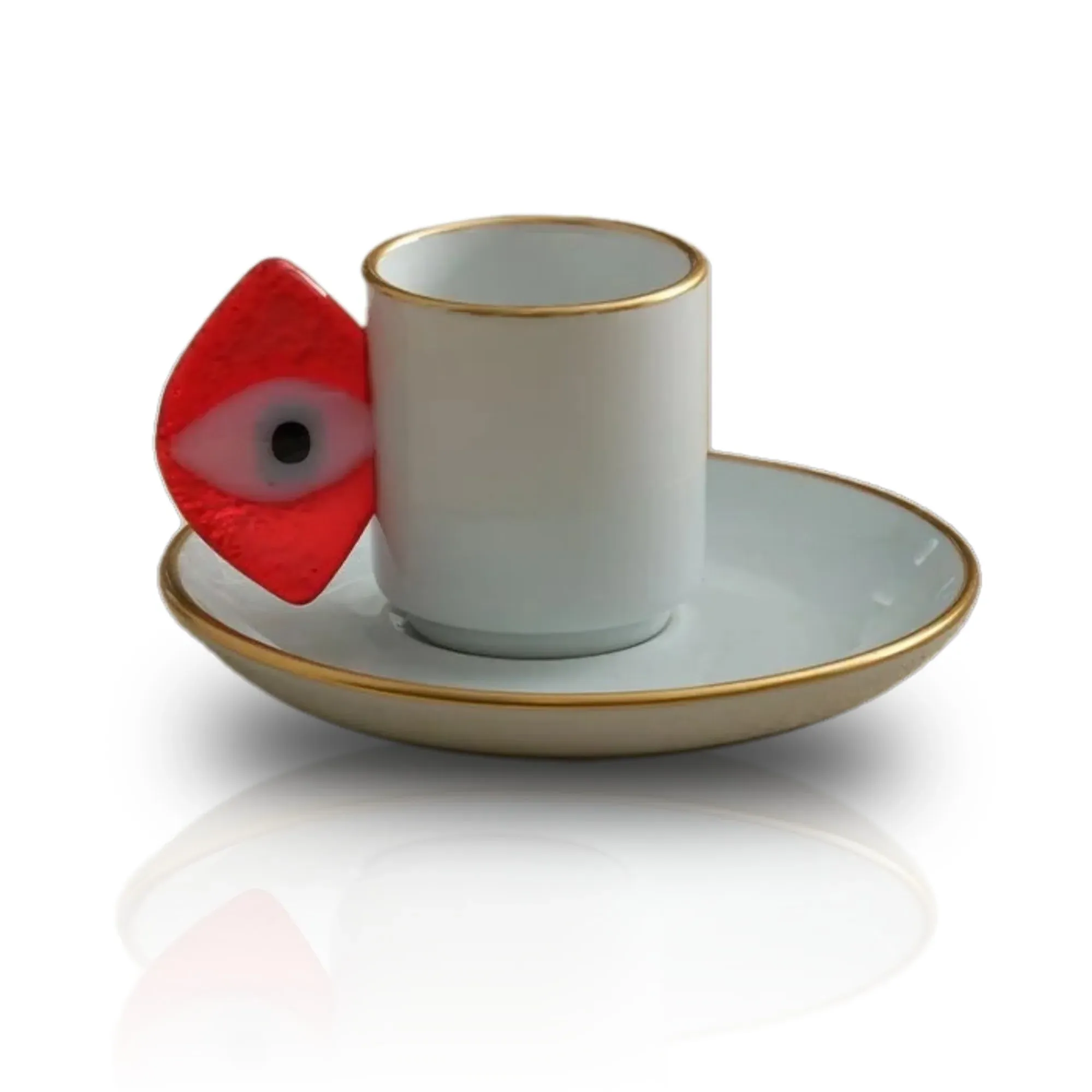 Porcelain Espresso Cup with Evil Eye Detail - White, Red image